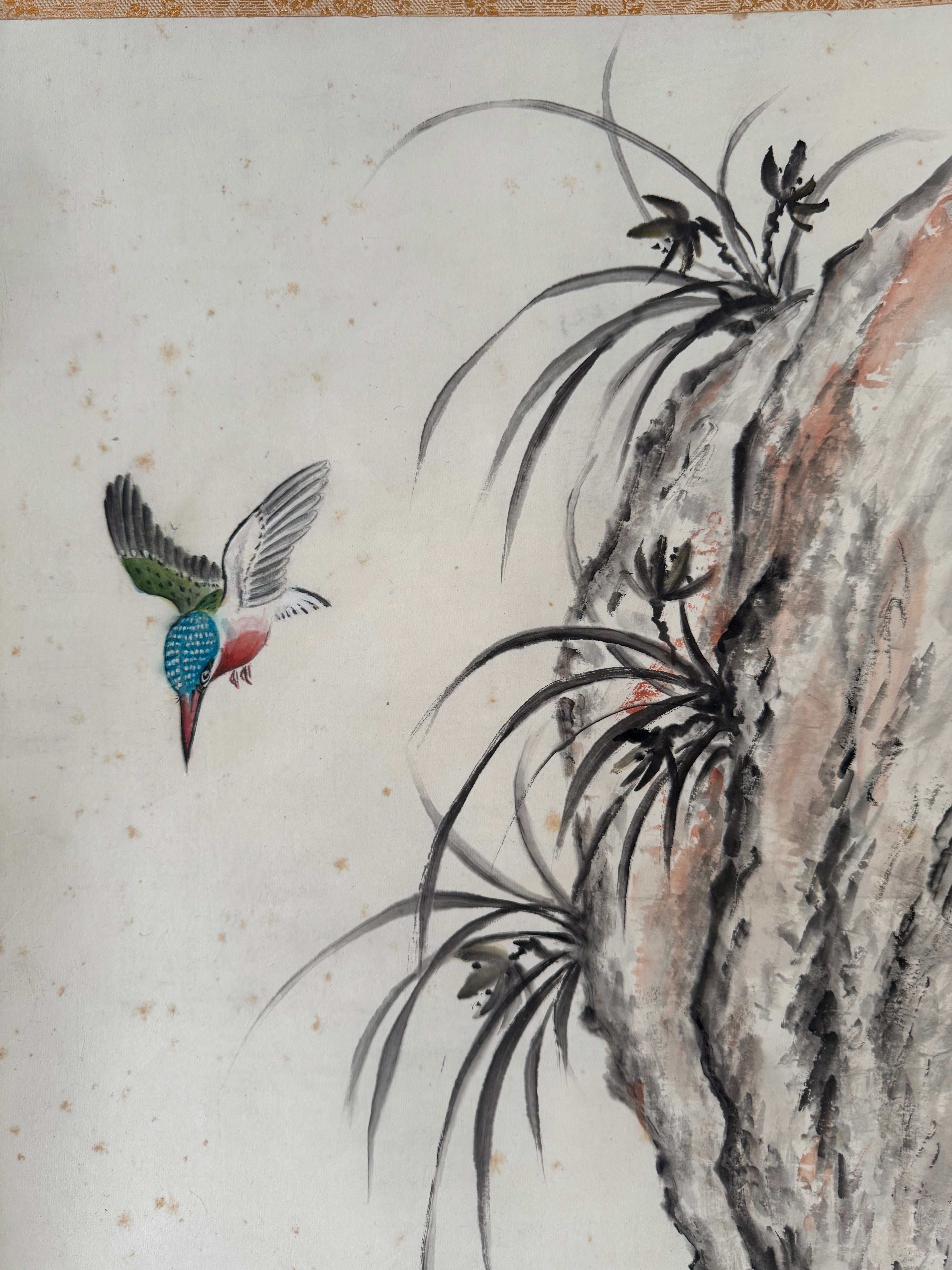 Vintage Japanese Hanging Scroll | Hand-Painted Bird & River Landscape | Serenity in Nature | Kakejiku