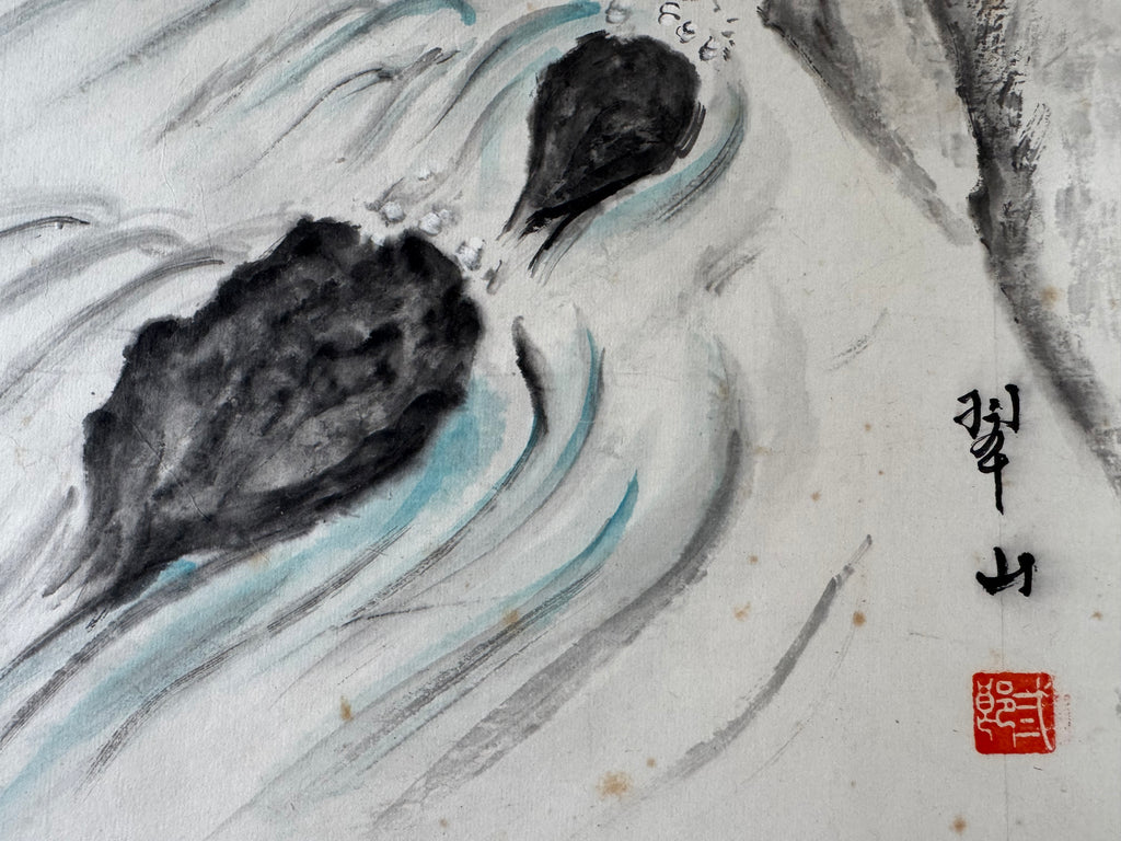Vintage Japanese Hanging Scroll | Hand-Painted Bird & River Landscape | Serenity in Nature | Kakejiku