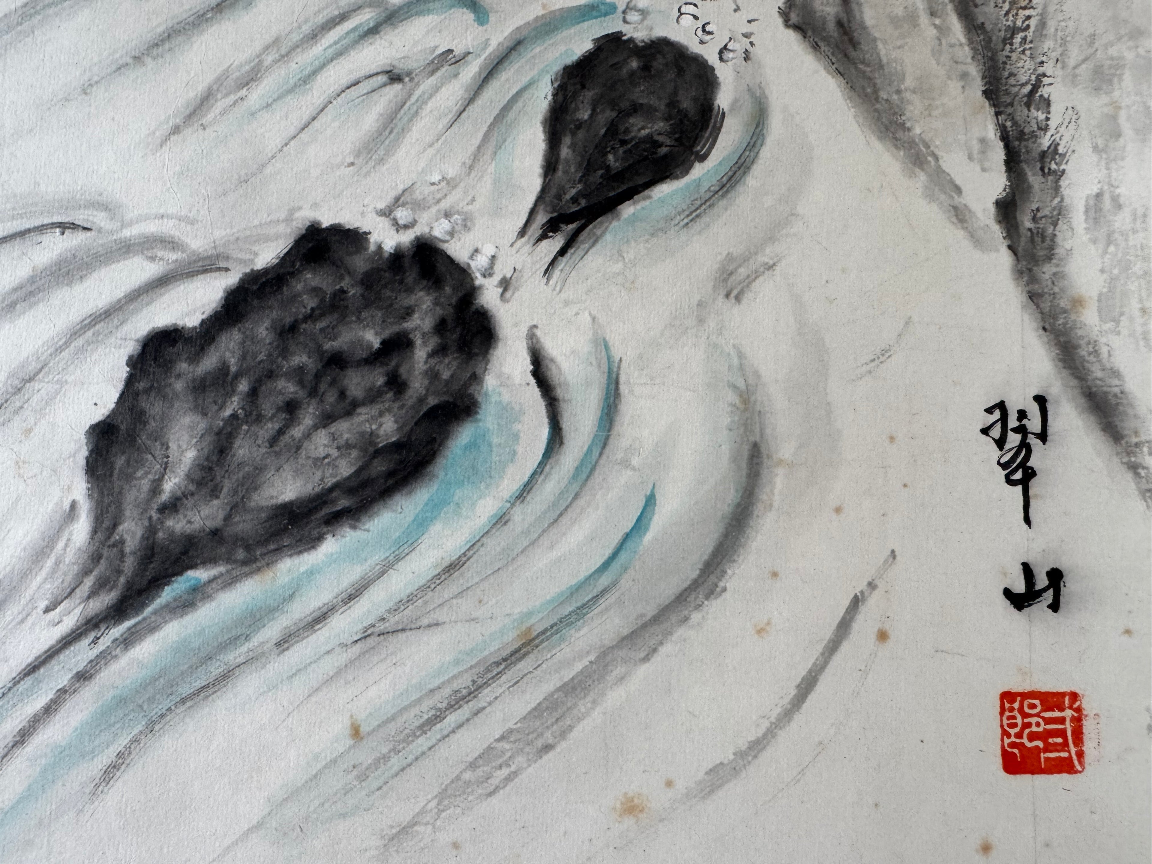 Vintage Japanese Hanging Scroll | Hand-Painted Bird & River Landscape | Serenity in Nature | Kakejiku