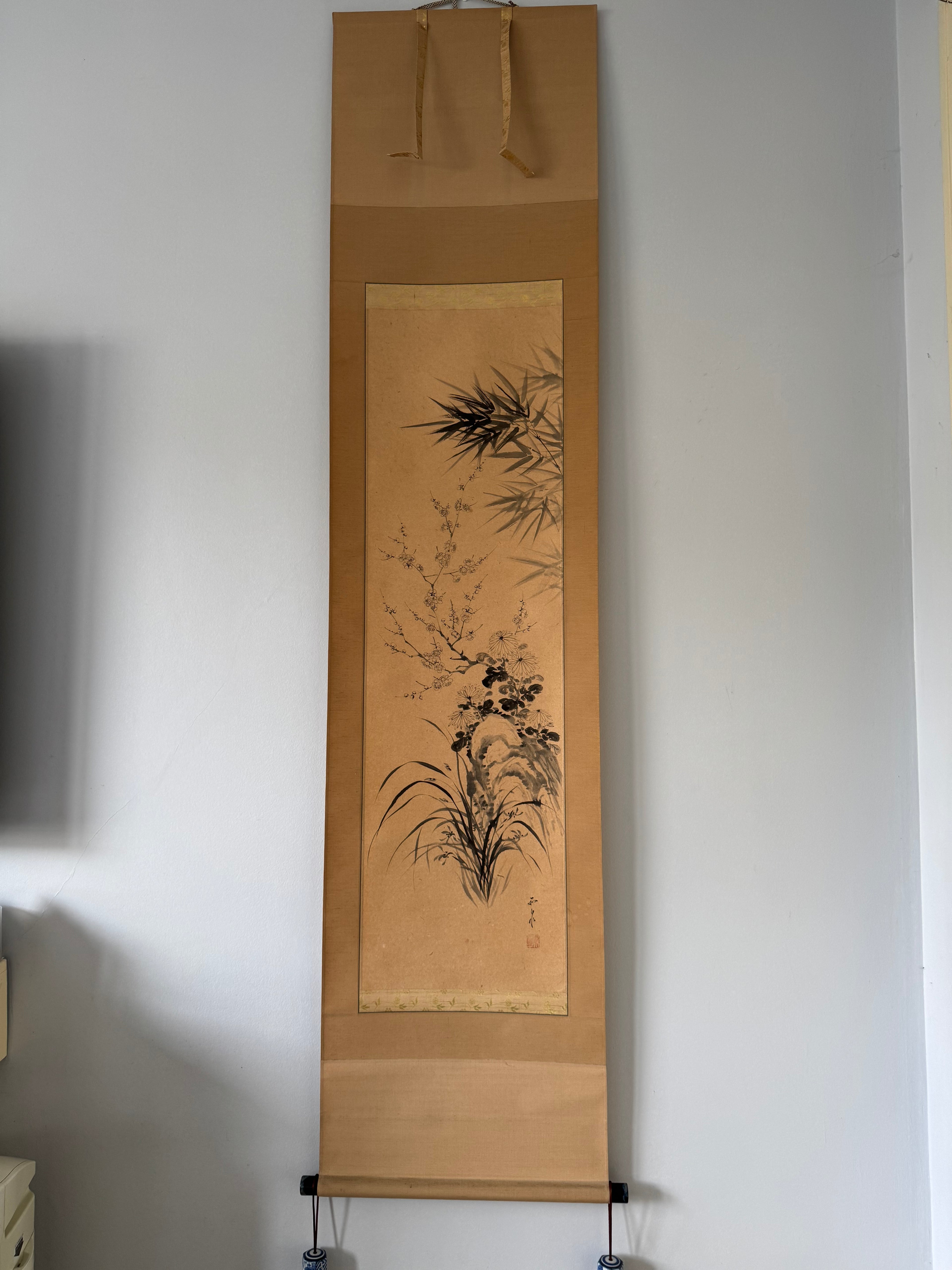 Vintage Japanese Hanging Scroll | Hand-Painted Ink Wash Bamboo & Orchid | Wabi-Sabi Minimalism | Kakemono