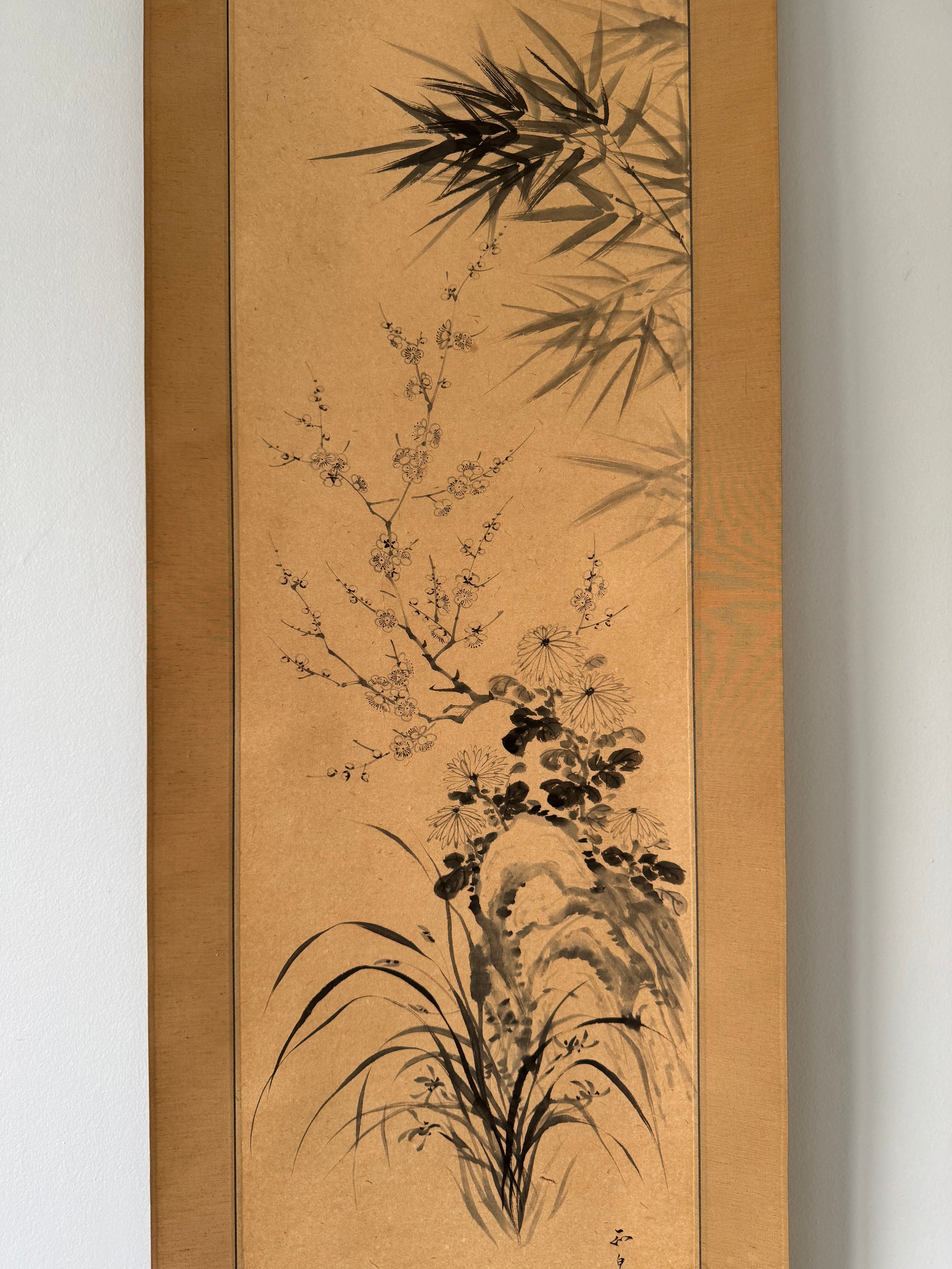 Vintage Japanese Hanging Scroll | Hand-Painted Ink Wash Bamboo & Orchid | Wabi-Sabi Minimalism | Kakemono
