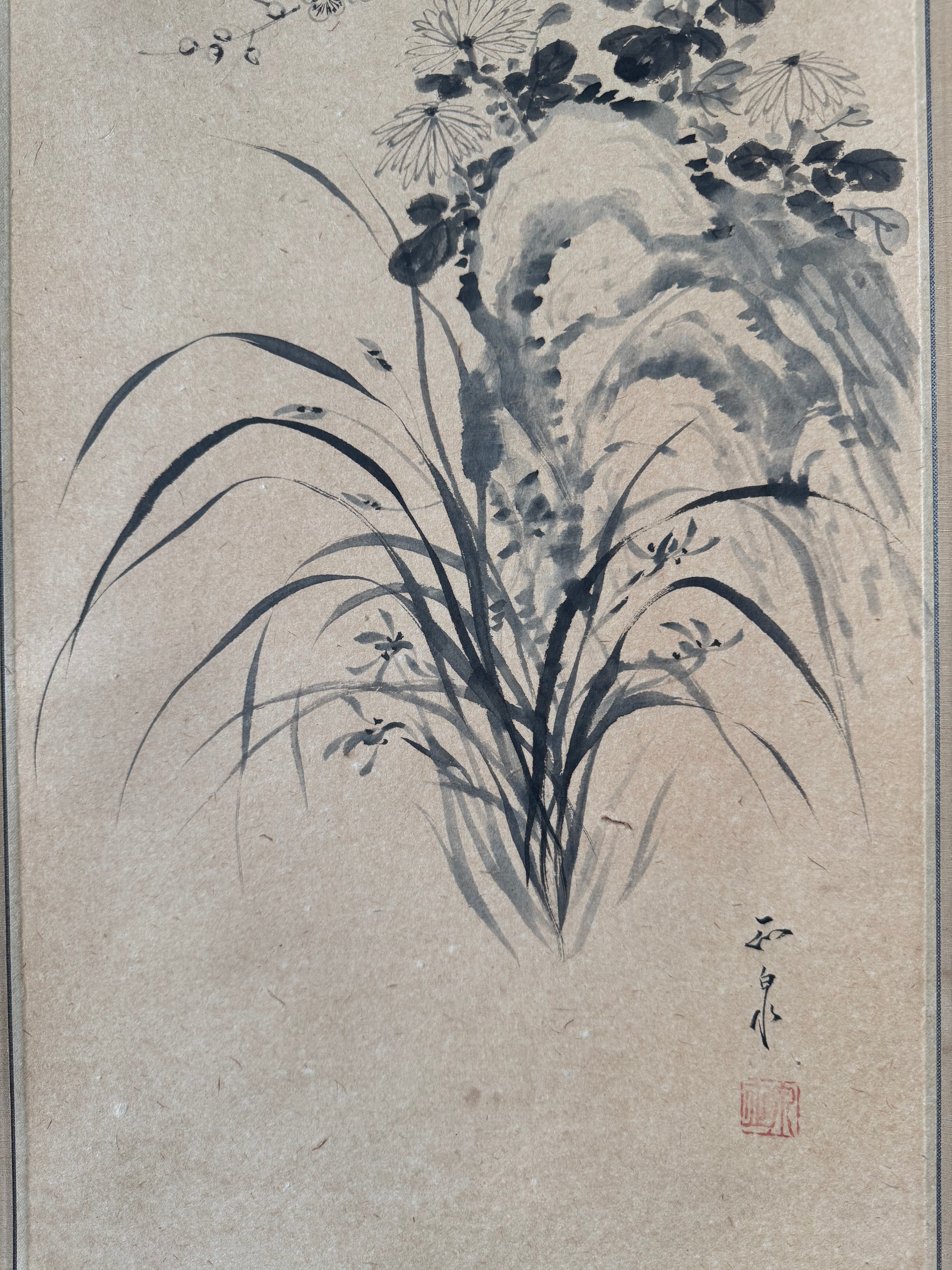 Vintage Japanese Hanging Scroll | Hand-Painted Ink Wash Bamboo & Orchid | Wabi-Sabi Minimalism | Kakemono