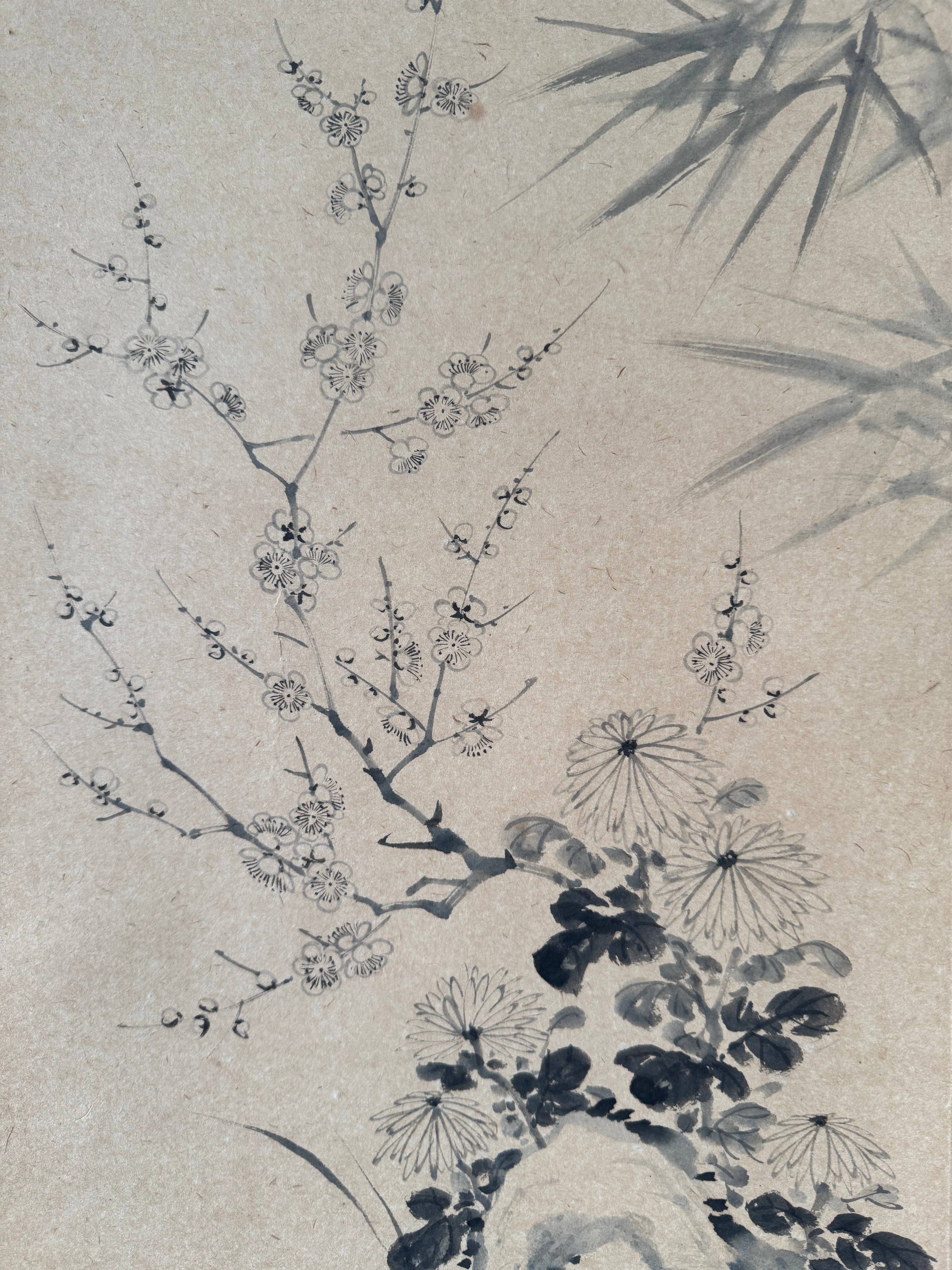 Vintage Japanese Hanging Scroll | Hand-Painted Ink Wash Bamboo & Orchid | Wabi-Sabi Minimalism | Kakemono