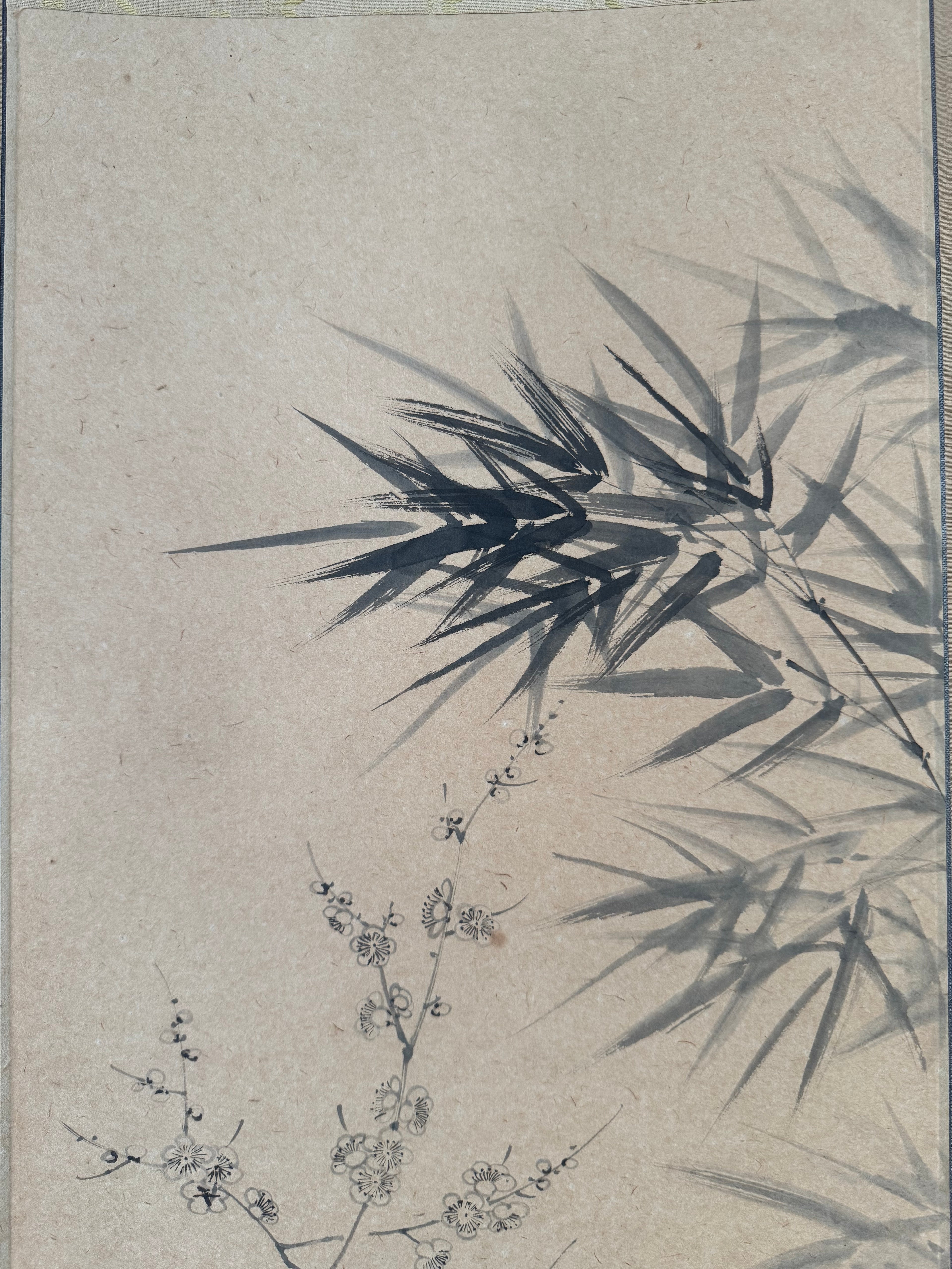 Vintage Japanese Hanging Scroll | Hand-Painted Ink Wash Bamboo & Orchid | Wabi-Sabi Minimalism | Kakemono