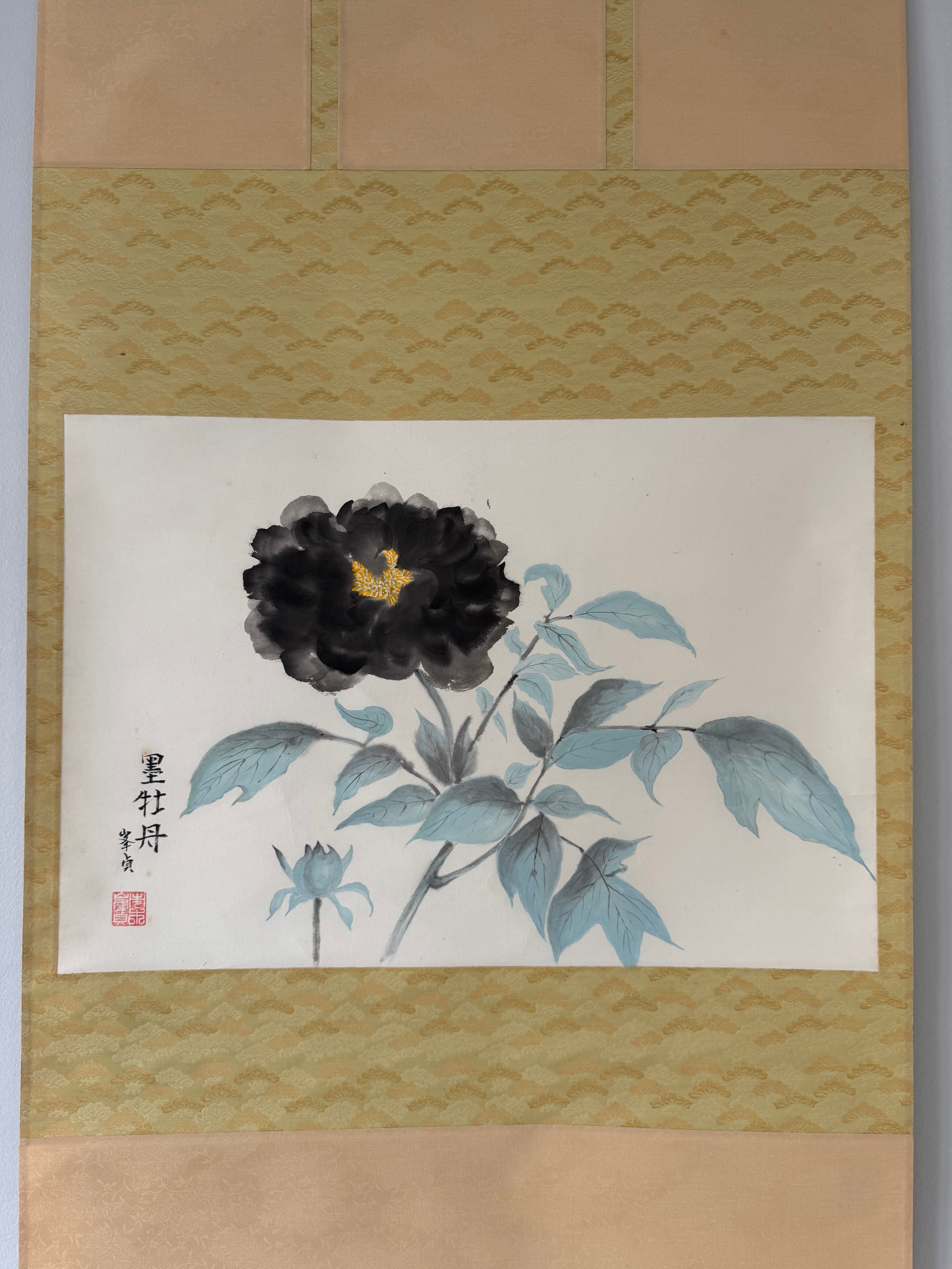 Vintage Japanese Hanging Scroll | Hand-Painted Peony in Sumi-e Ink | Wabi-Sabi Elegance | Kakemono