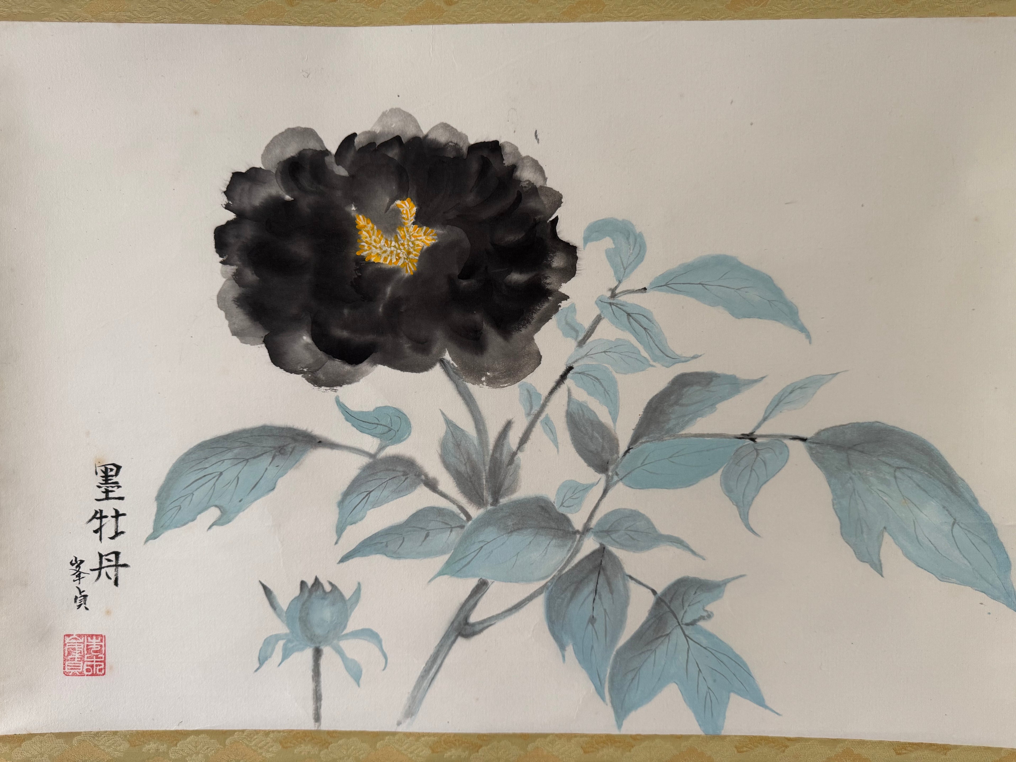 Vintage Japanese Hanging Scroll | Hand-Painted Peony in Sumi-e Ink | Wabi-Sabi Elegance | Kakemono