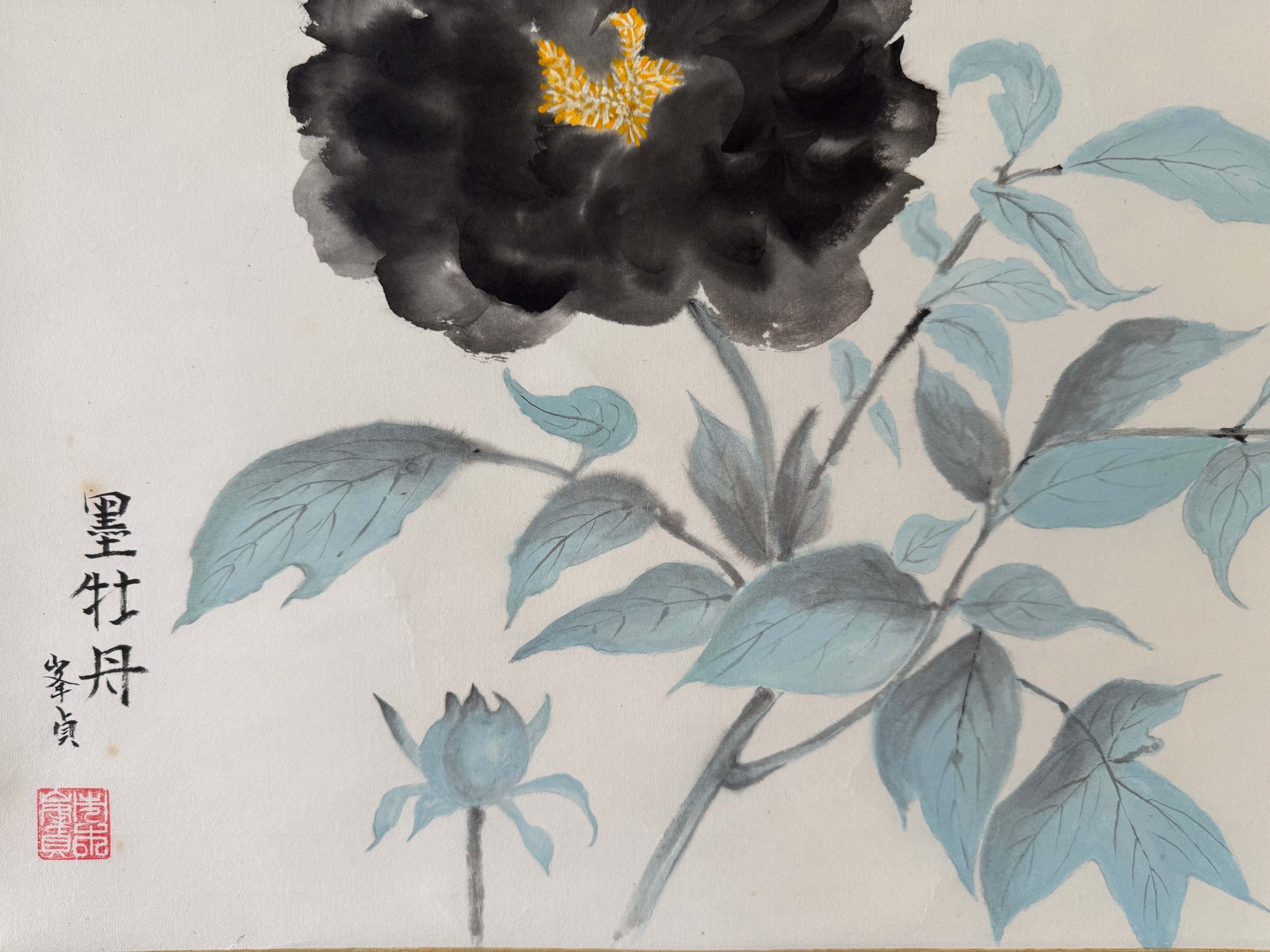 Vintage Japanese Hanging Scroll | Hand-Painted Peony in Sumi-e Ink | Wabi-Sabi Elegance | Kakemono