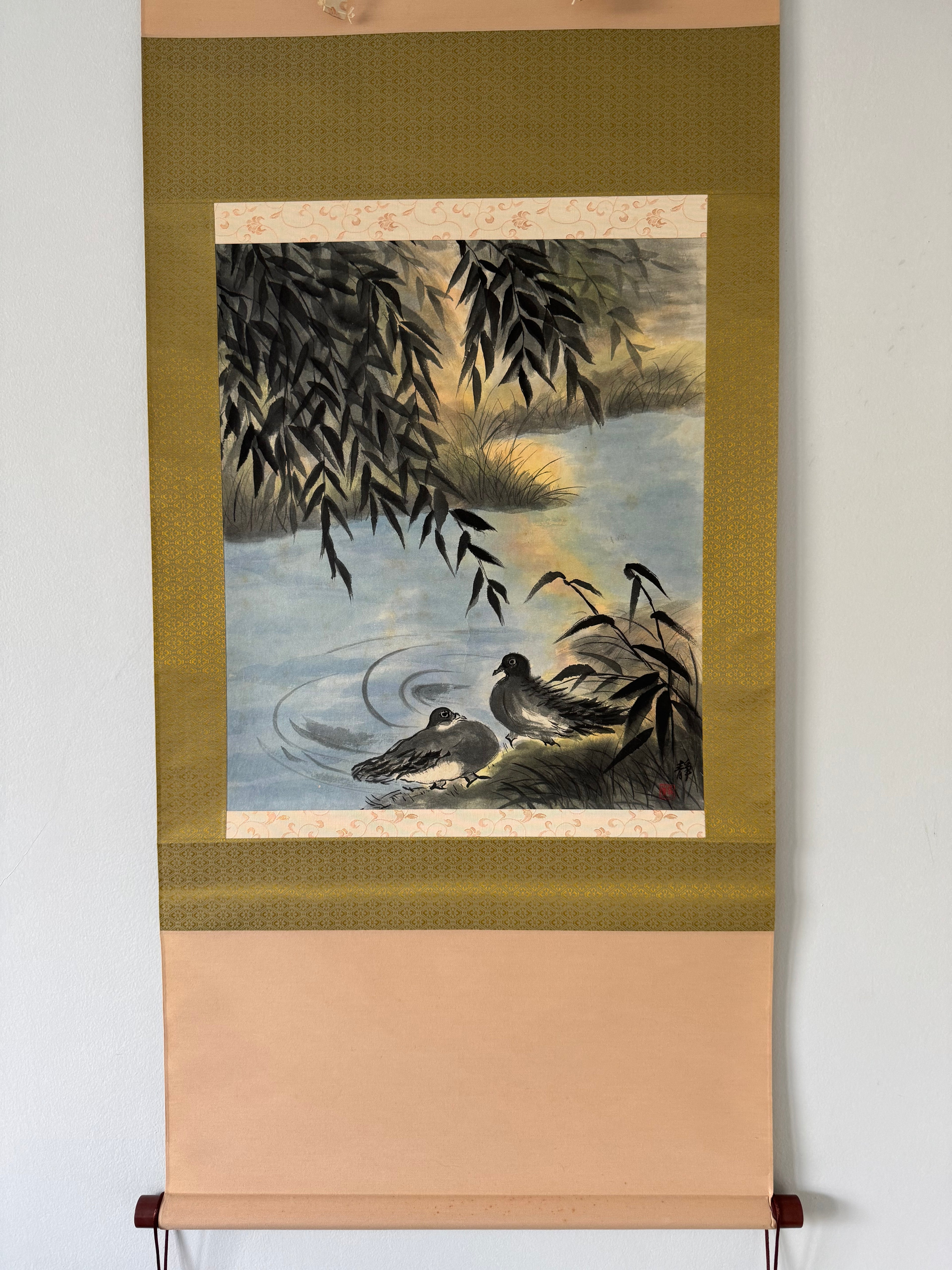 Vintage Japanese Hanging Scroll | Pair of Mandarin Ducks in Sumi-e Ink | Symbol of Love & Harmony | Kakemono