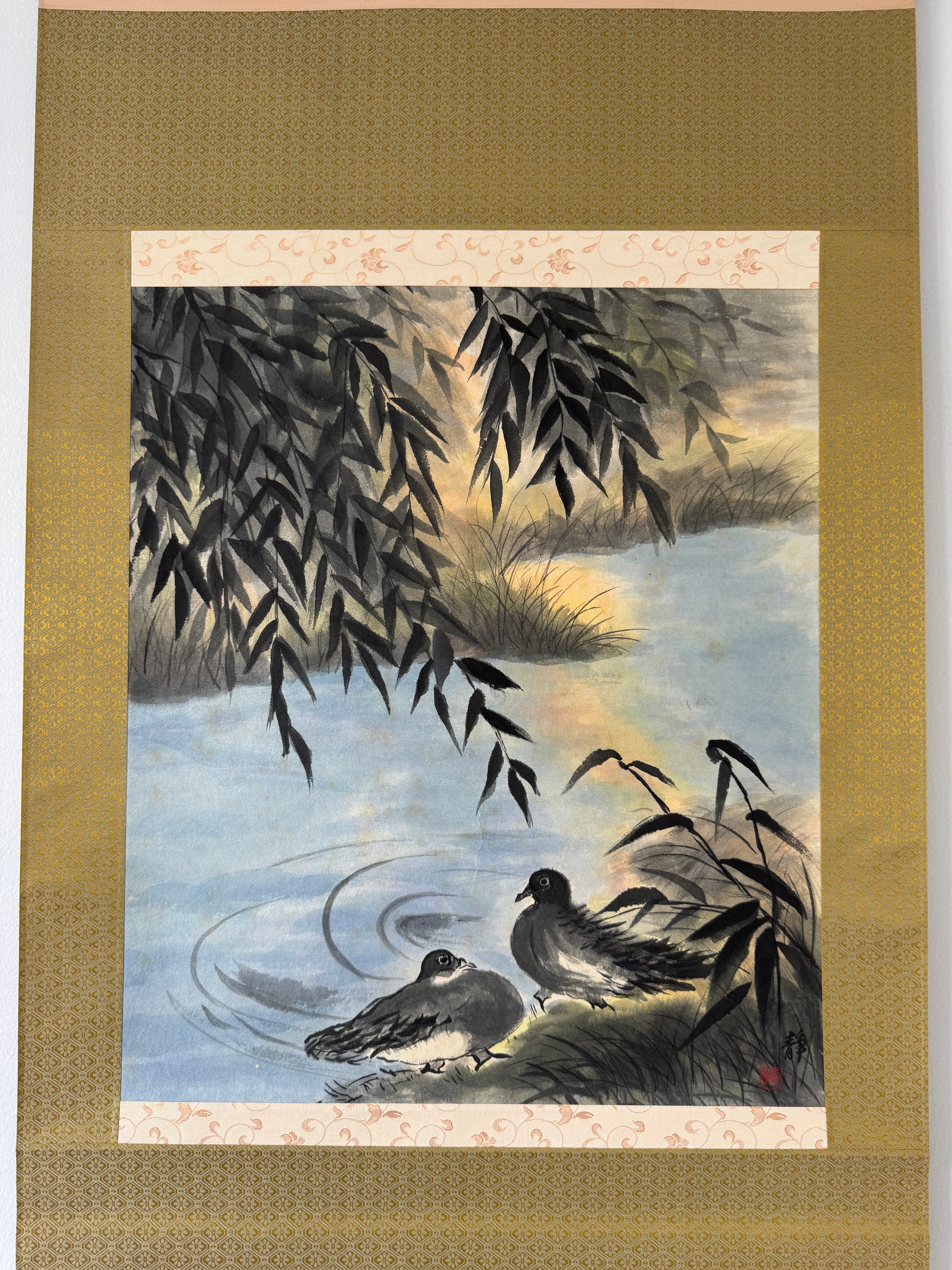 Vintage Japanese Hanging Scroll | Pair of Mandarin Ducks in Sumi-e Ink | Symbol of Love & Harmony | Kakemono