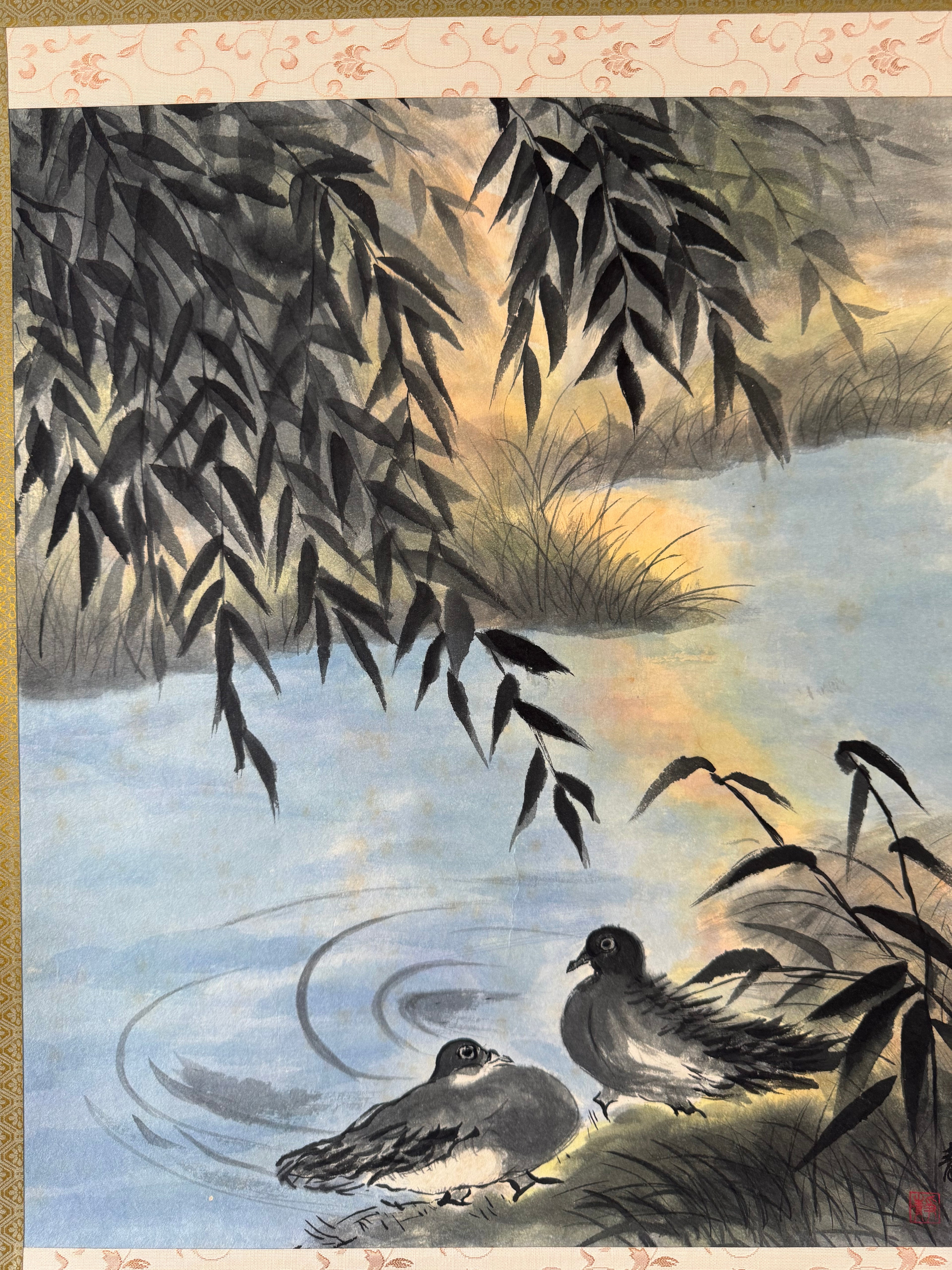 Vintage Japanese Hanging Scroll | Pair of Mandarin Ducks in Sumi-e Ink | Symbol of Love & Harmony | Kakemono