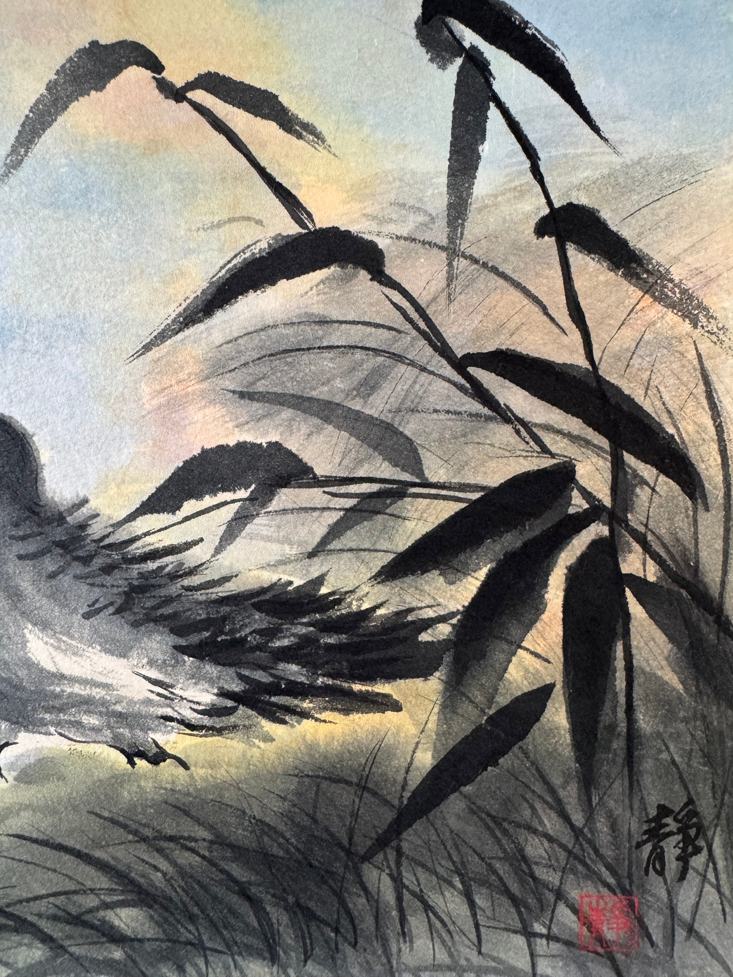 Vintage Japanese Hanging Scroll | Pair of Mandarin Ducks in Sumi-e Ink | Symbol of Love & Harmony | Kakemono