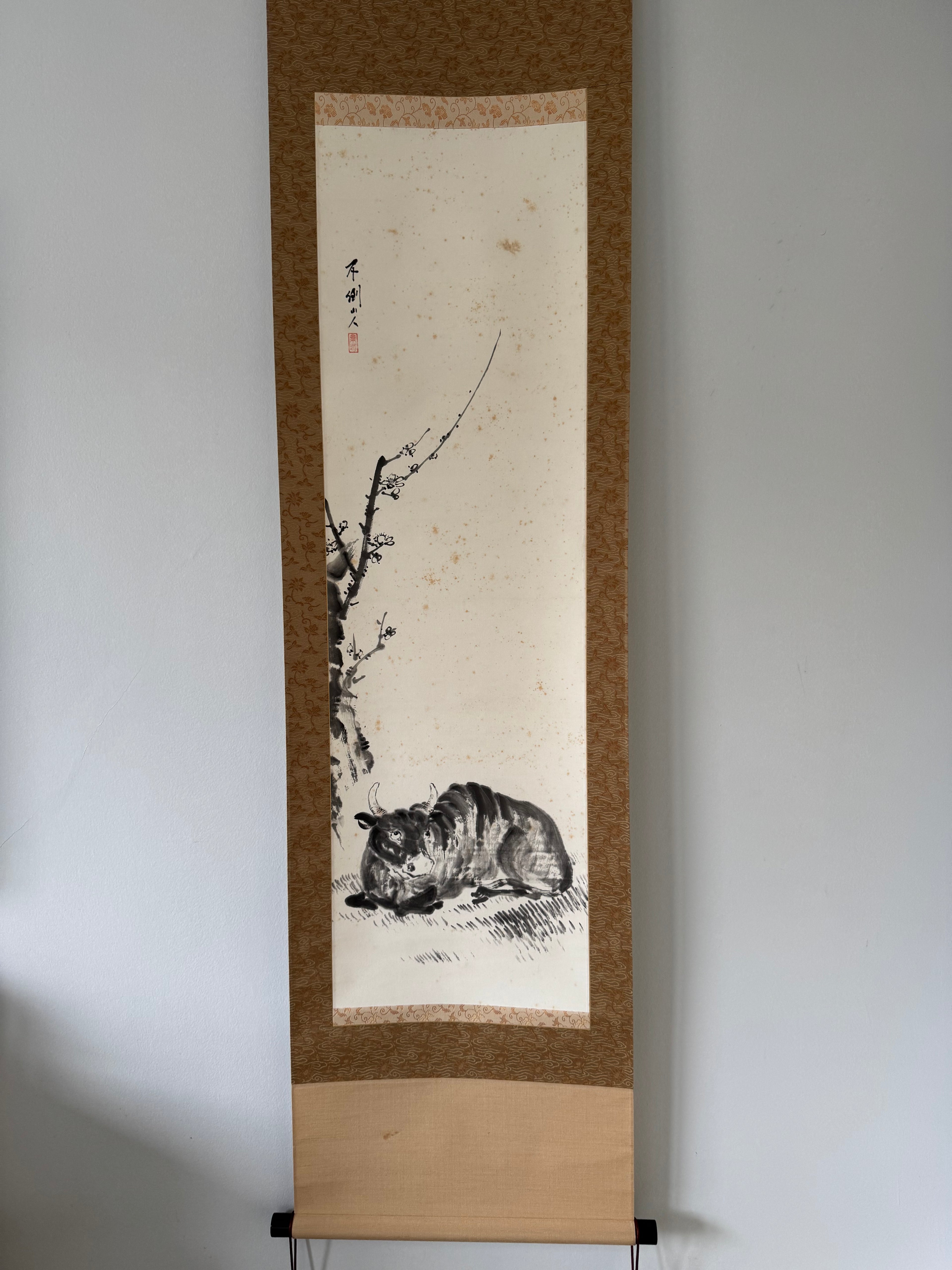 Vintage Japanese Hanging Scroll | Resting Ox under Plum Branch | Sumi-e Ink Painting | Symbol of Patience & Strength
