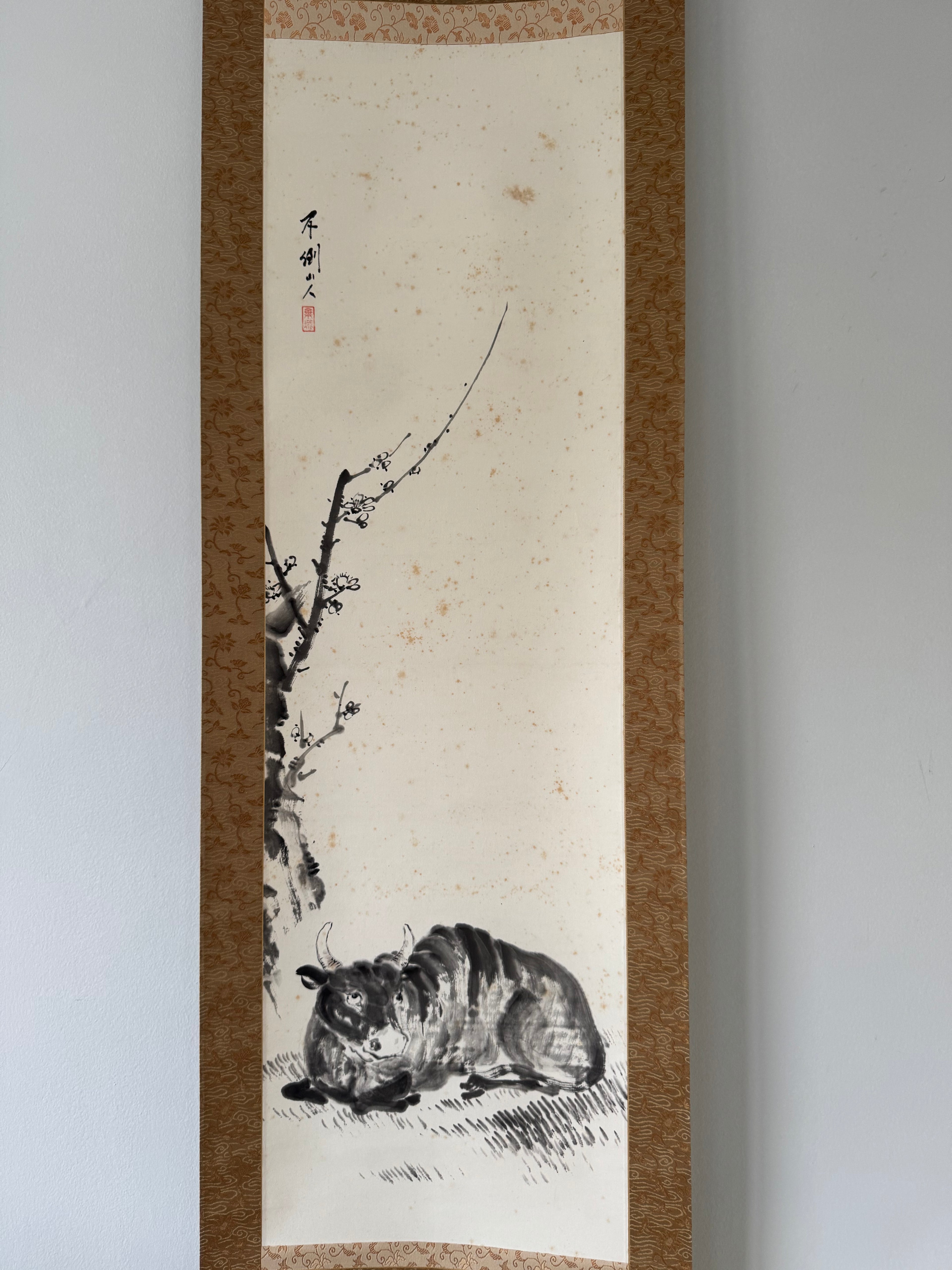 Vintage Japanese Hanging Scroll | Resting Ox under Plum Branch | Sumi-e Ink Painting | Symbol of Patience & Strength