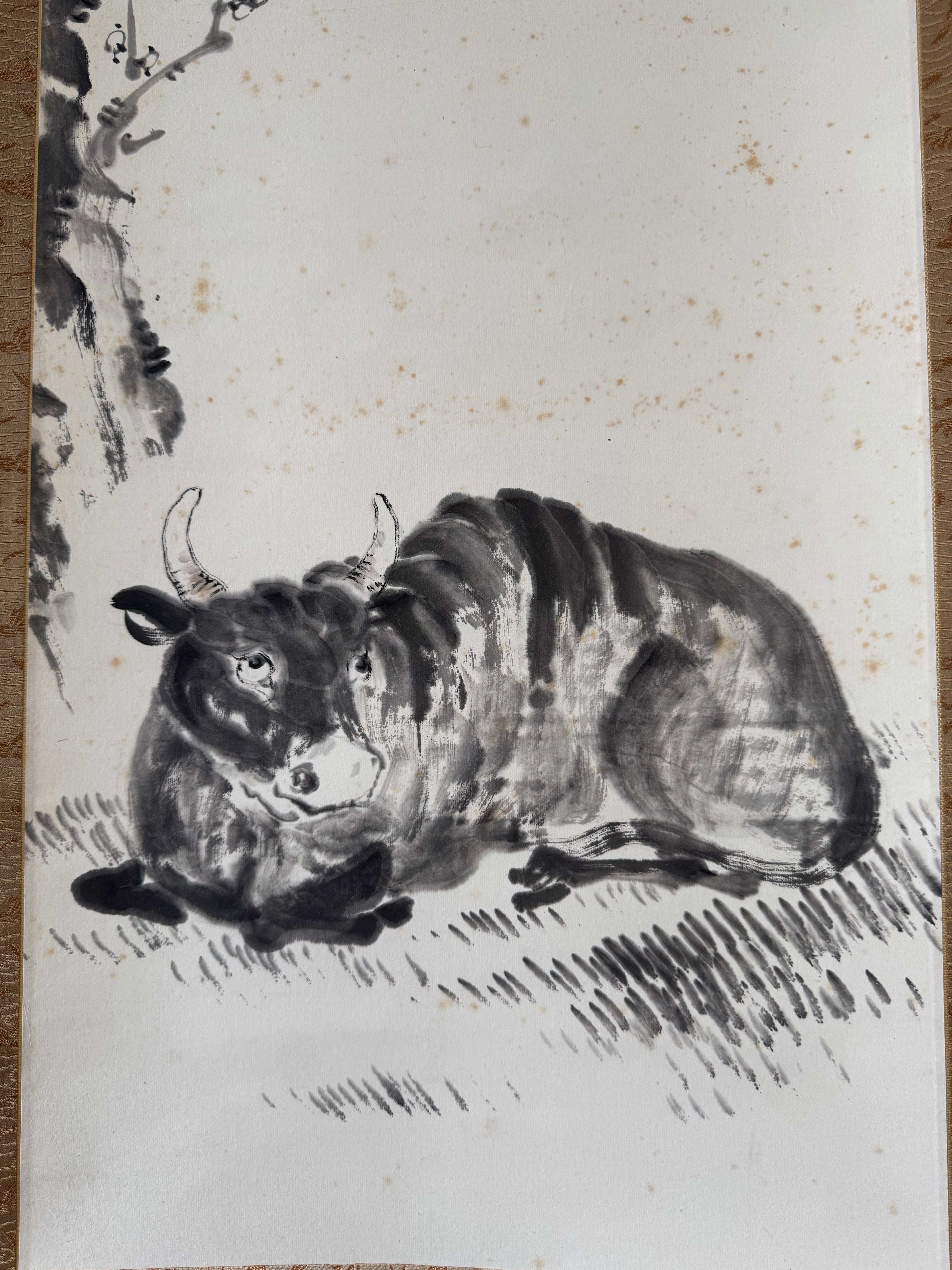 Vintage Japanese Hanging Scroll | Resting Ox under Plum Branch | Sumi-e Ink Painting | Symbol of Patience & Strength