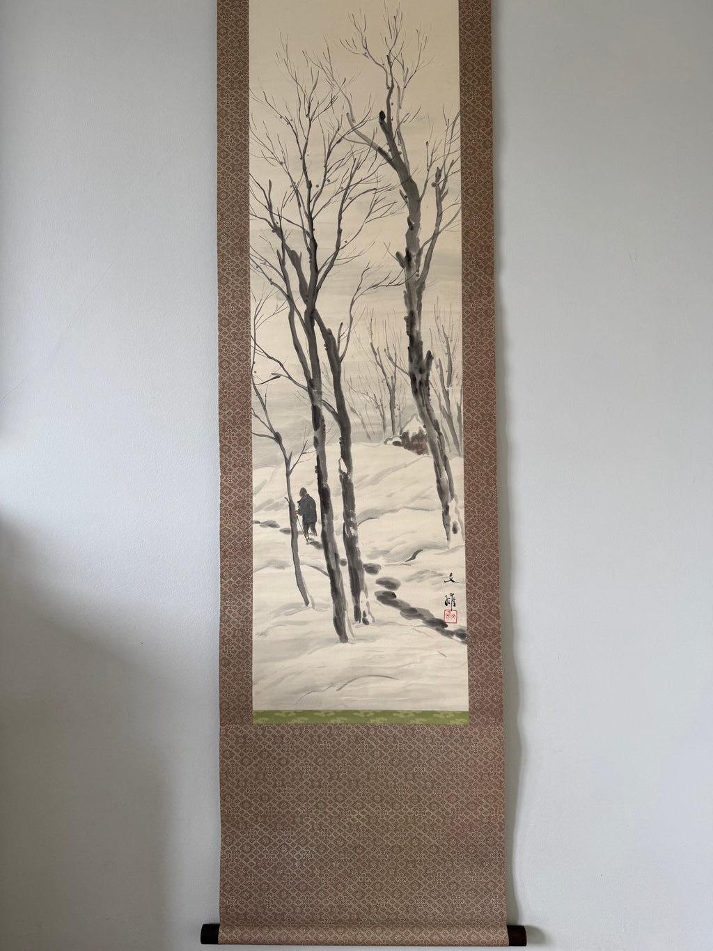 Japanese Hanging Scroll “Walking in the Snow” | Sumi-e Ink Painting | Zen & Mono no Aware Aesthetic
