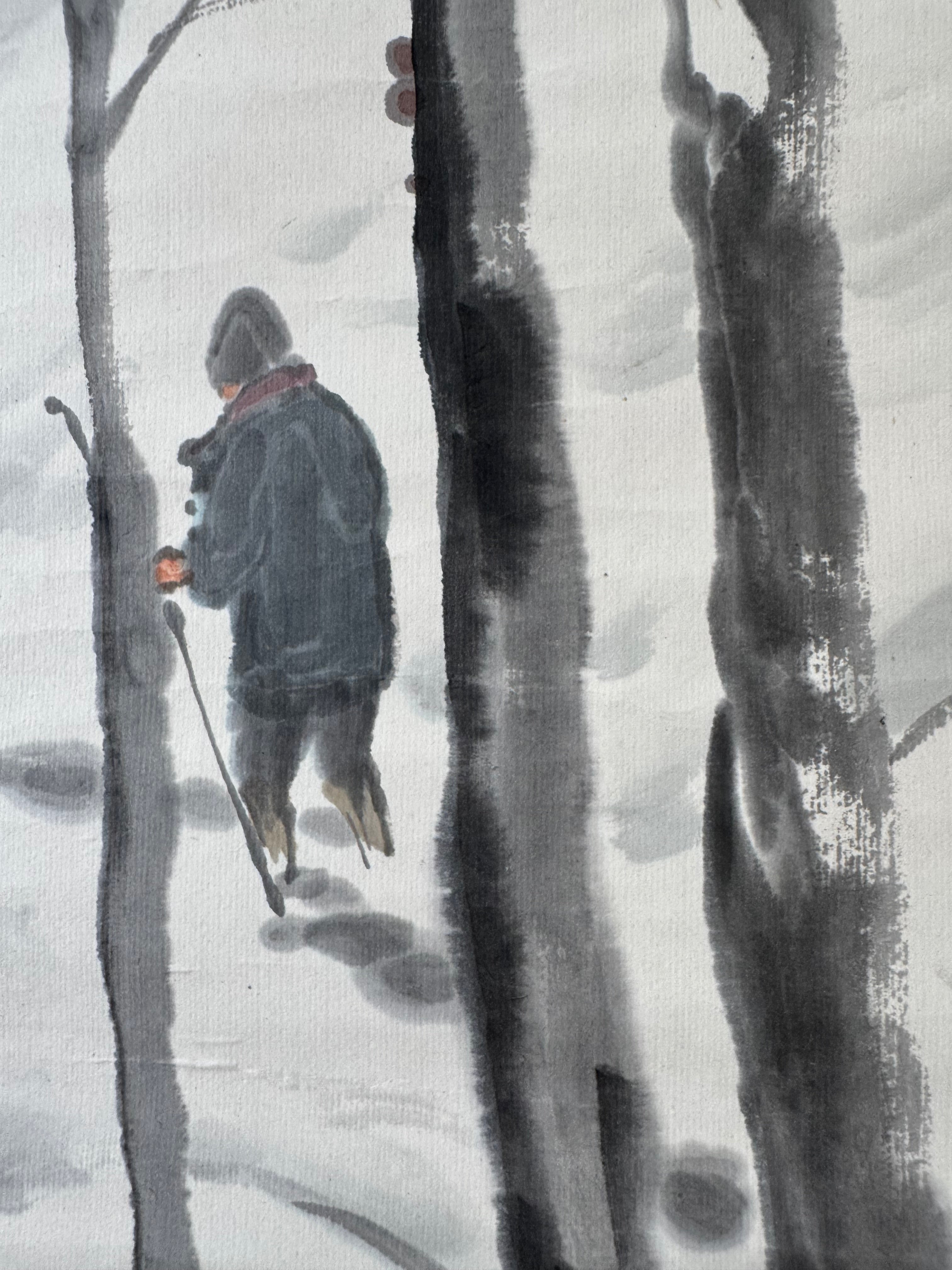 Japanese Hanging Scroll “Walking in the Snow” | Sumi-e Ink Painting | Zen & Mono no Aware Aesthetic