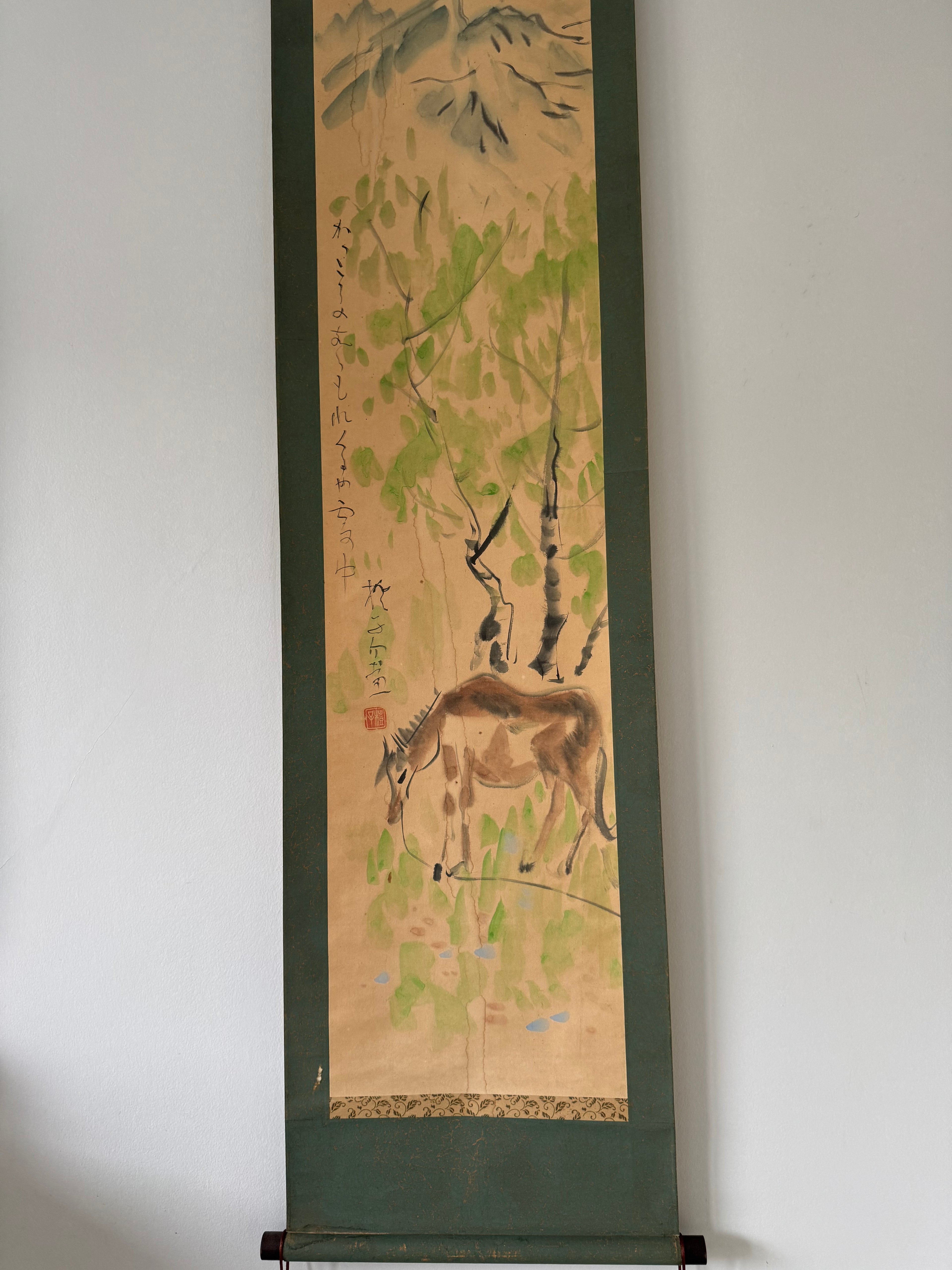 Vintage Japanese Hand-Painted Hanging Scroll | Grazing Horse in Sumi-e Ink | Symbol of Freedom & Tranquility