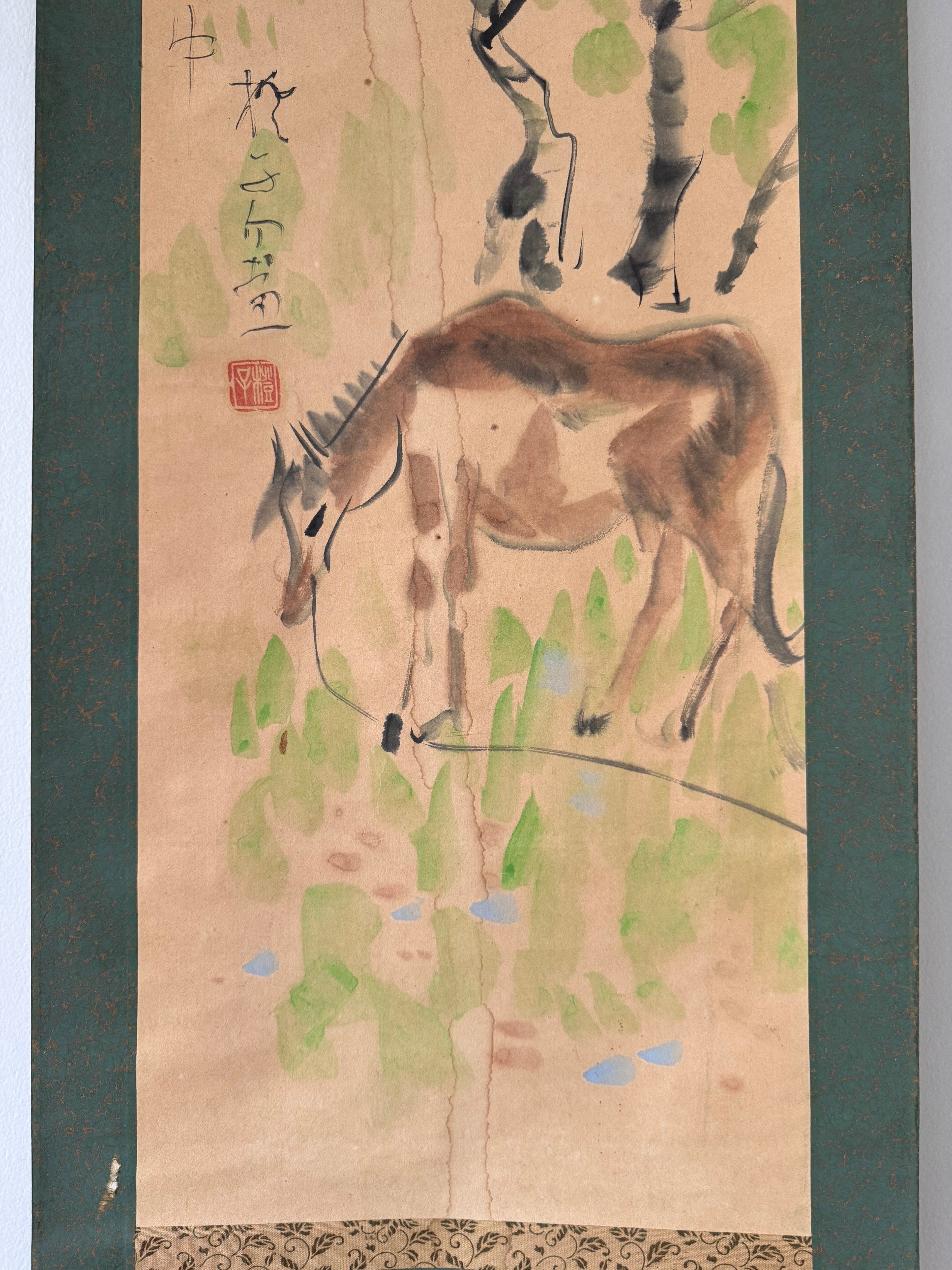 Vintage Japanese Hand-Painted Hanging Scroll | Grazing Horse in Sumi-e Ink | Symbol of Freedom & Tranquility
