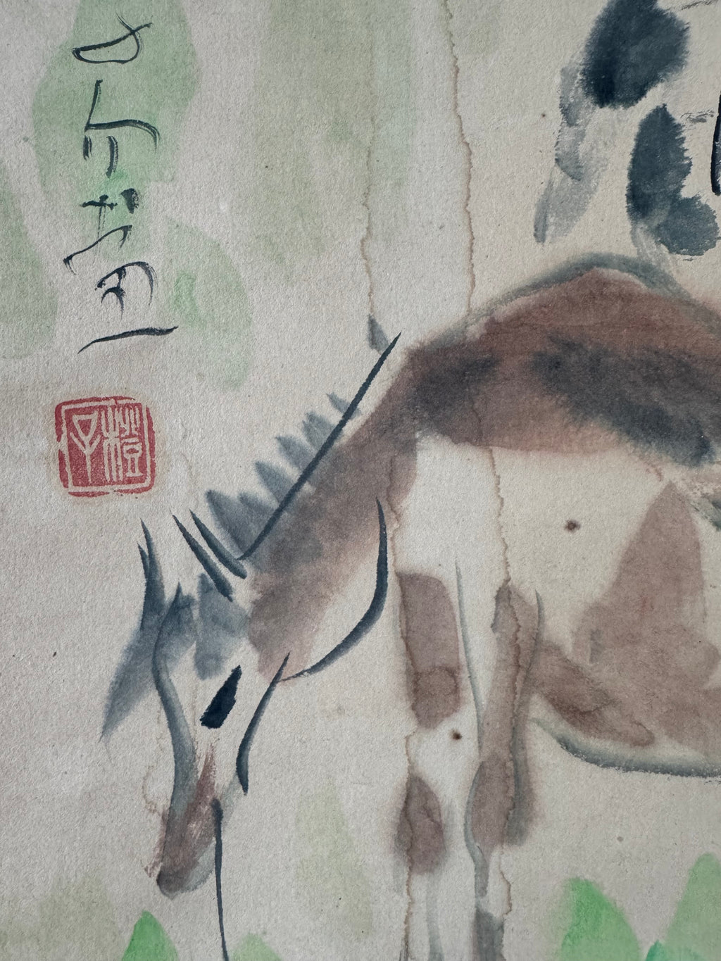 Vintage Japanese Hand-Painted Hanging Scroll | Grazing Horse in Sumi-e Ink | Symbol of Freedom & Tranquility