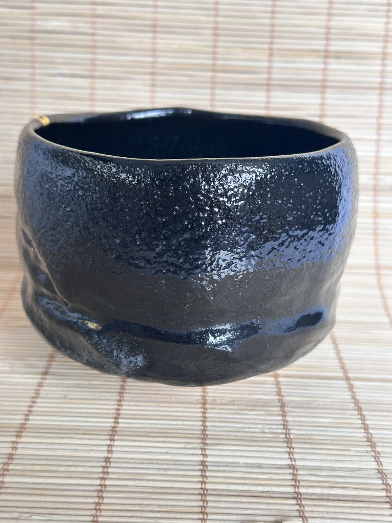 Kuro Raku Chawan | Te-oshi Hand-Pressed | 楽 Seal | Kintsugi Gold Rim | Ichi Raku