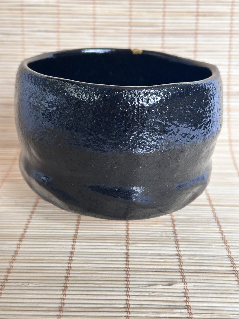 Kuro Raku Chawan | Te-oshi Hand-Pressed | 楽 Seal | Kintsugi Gold Rim | Ichi Raku