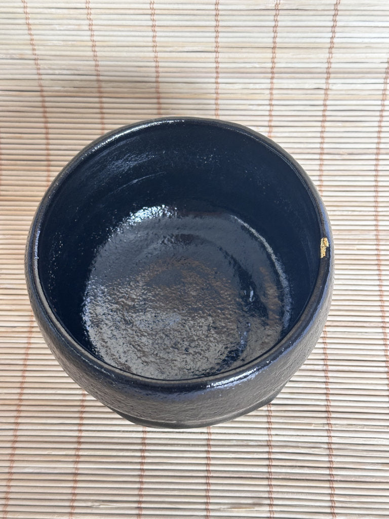 Kuro Raku Chawan | Te-oshi Hand-Pressed | 楽 Seal | Kintsugi Gold Rim | Ichi Raku