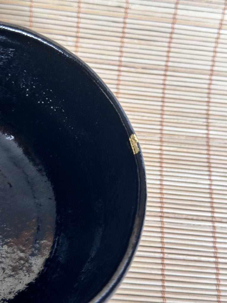 Kuro Raku Chawan | Te-oshi Hand-Pressed | 楽 Seal | Kintsugi Gold Rim | Ichi Raku