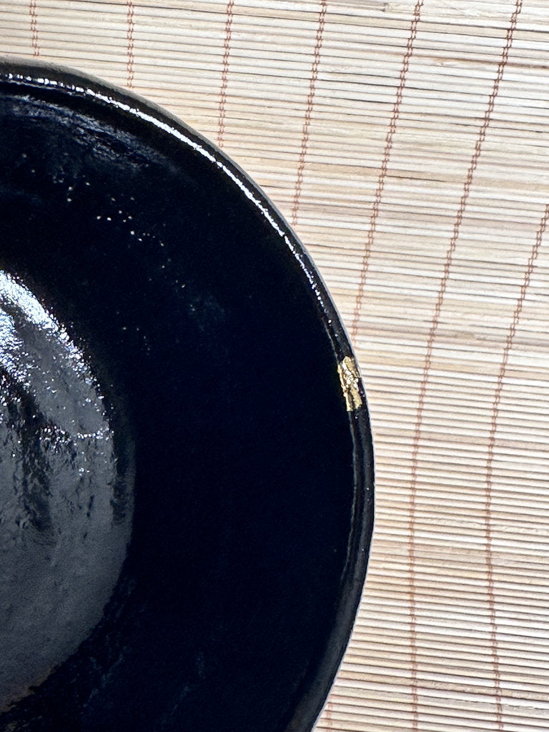 Kuro Raku Chawan | Te-oshi Hand-Pressed | 楽 Seal | Kintsugi Gold Rim | Ichi Raku
