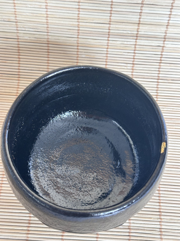 Kuro Raku Chawan | Te-oshi Hand-Pressed | 楽 Seal | Kintsugi Gold Rim | Ichi Raku