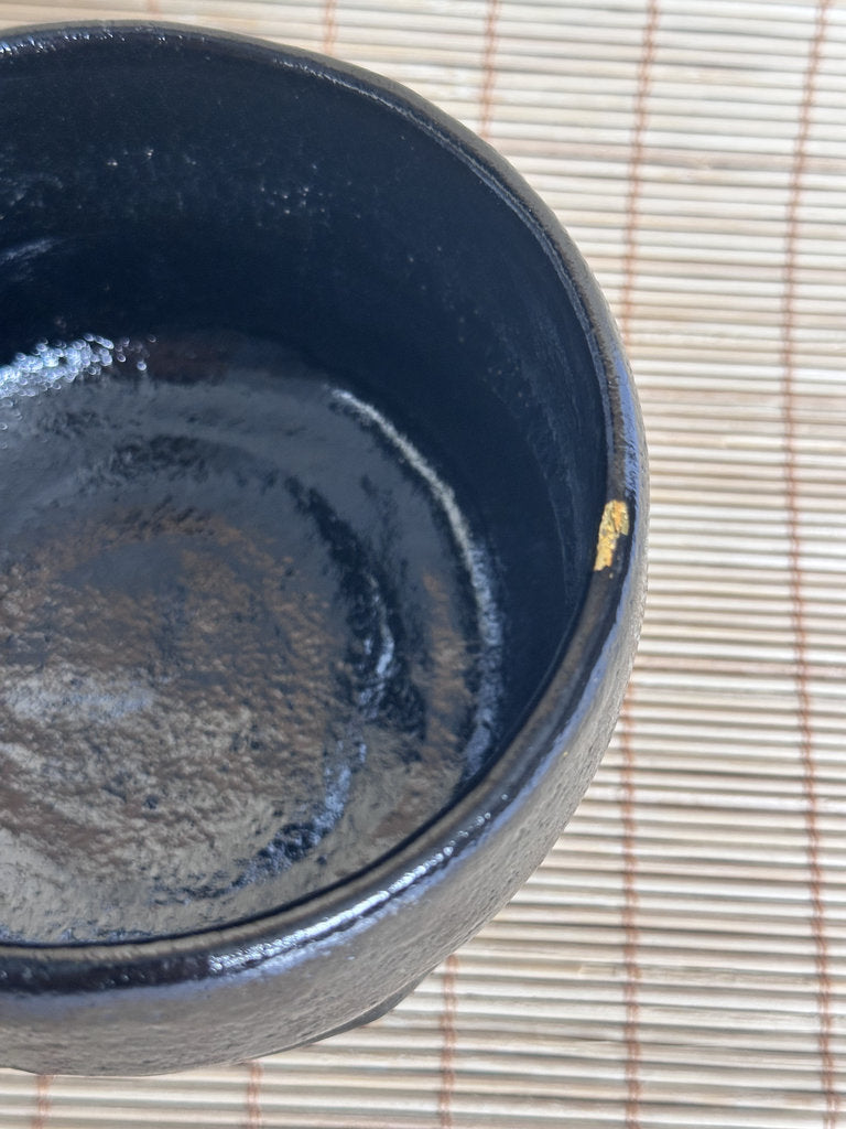 Kuro Raku Chawan | Te-oshi Hand-Pressed | 楽 Seal | Kintsugi Gold Rim | Ichi Raku