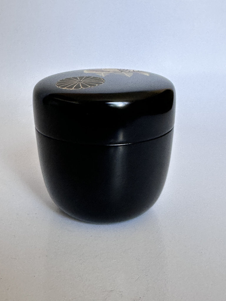 Japanese Lacquer Natsume Tea Caddy | Makie Chrysanthemum Pine Camellia | Showa