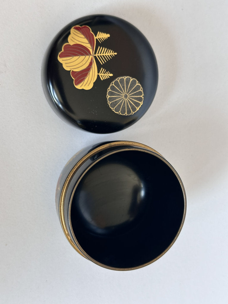 Japanese Lacquer Natsume Tea Caddy | Makie Chrysanthemum Pine Camellia | Showa