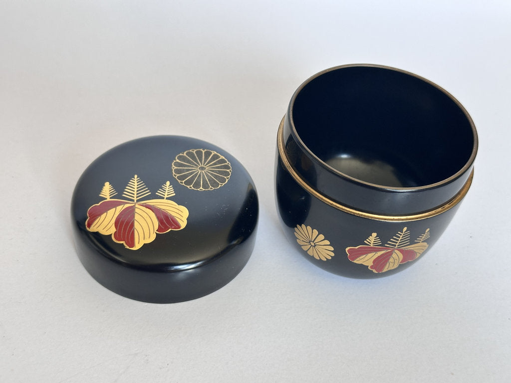 Japanese Lacquer Natsume Tea Caddy | Makie Chrysanthemum Pine Camellia | Showa
