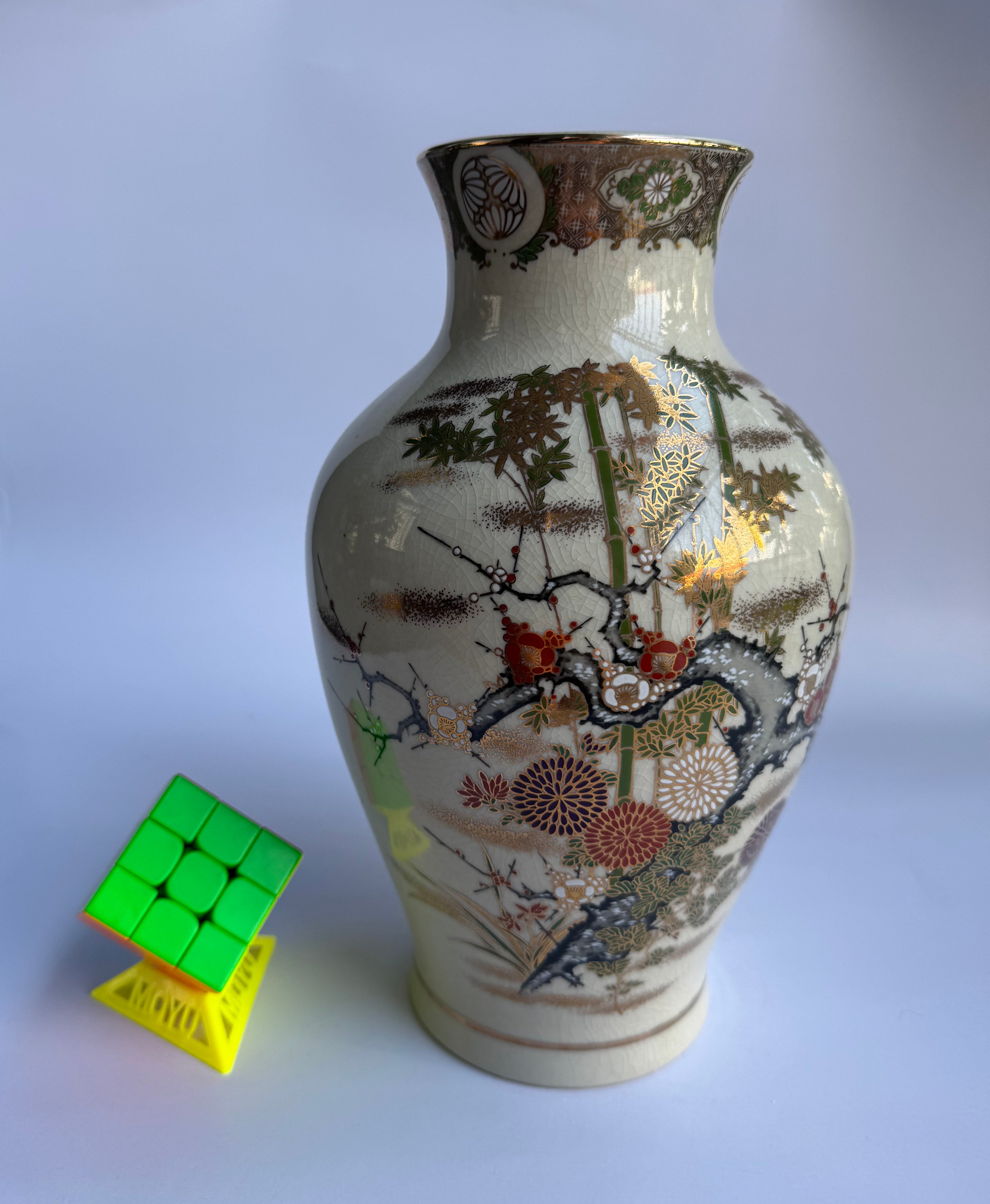 Vintage Japanese Satsuma Vase | Hand-Painted Floral & Gilded Design | Crackle Glaze Art Pottery