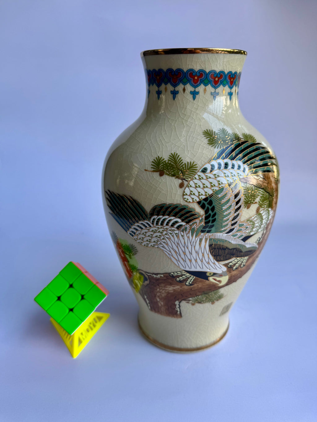 Japanese Satsuma Vase with Eagle & Pine Tree | Hand-Painted Crackle Glaze Art | Vintage Japanese Pottery