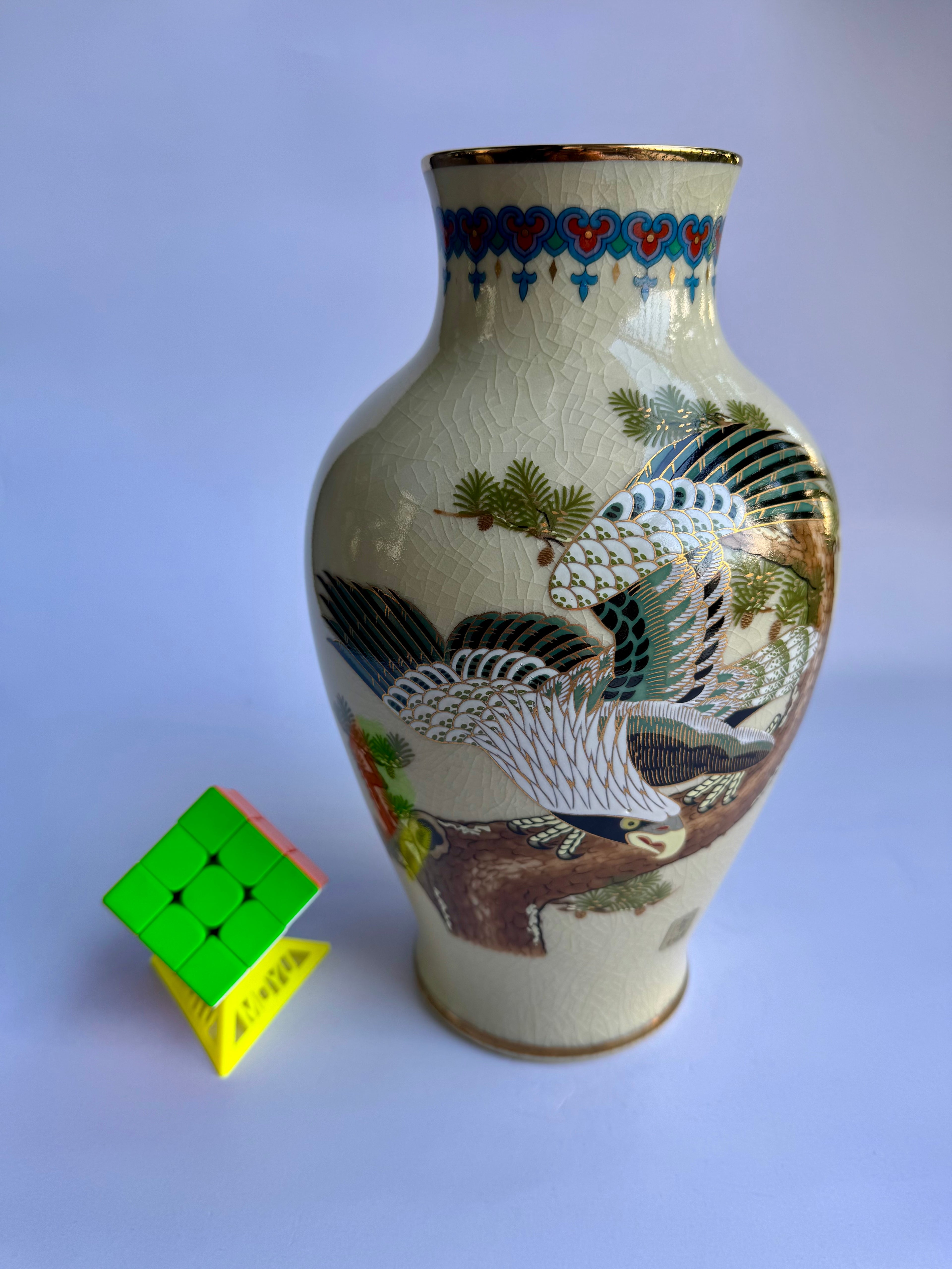 Japanese Satsuma Vase with Eagle & Pine Tree | Hand-Painted Crackle Glaze Art | Vintage Japanese Pottery