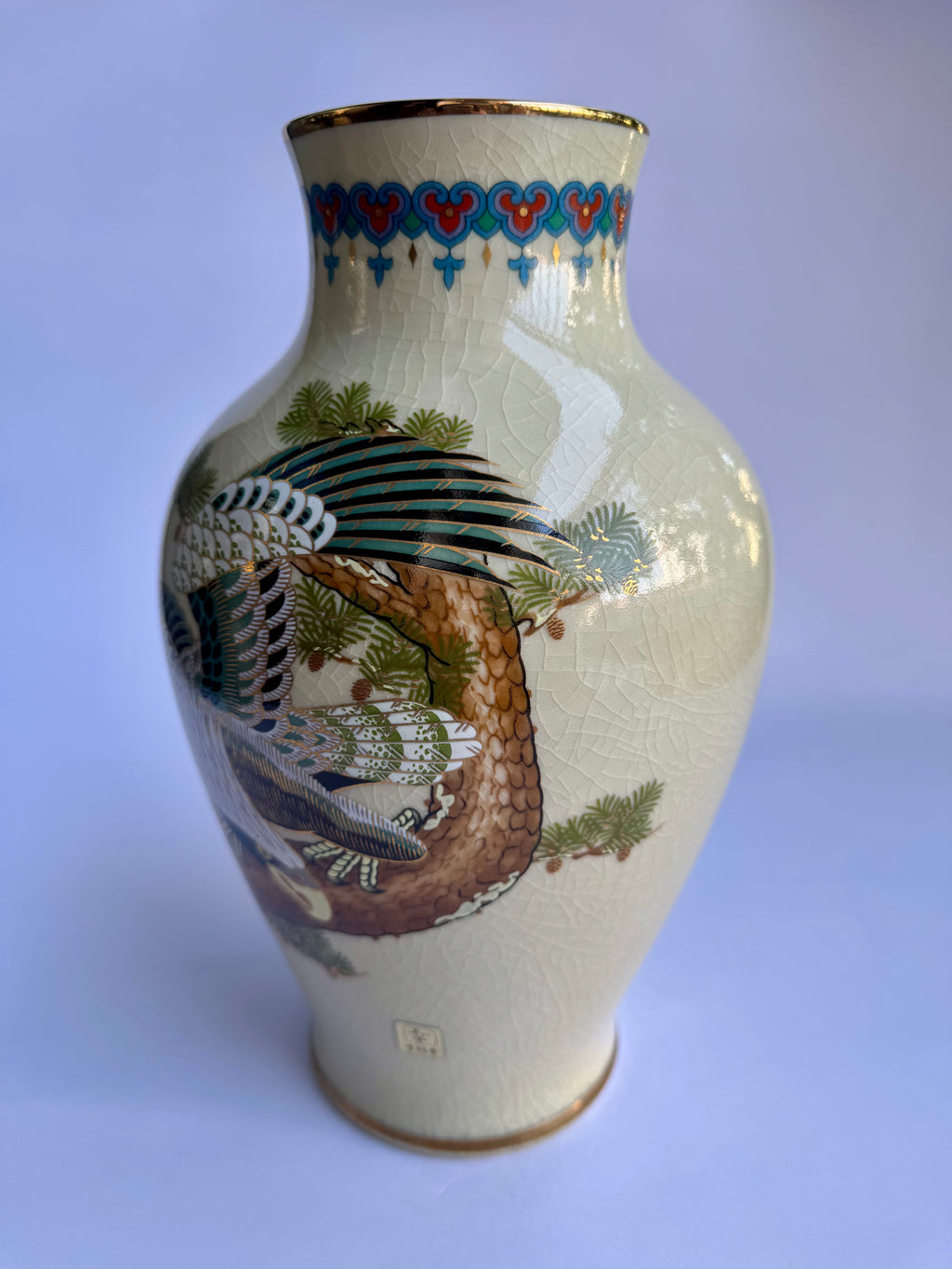 Japanese Satsuma Vase with Eagle & Pine Tree | Hand-Painted Crackle Glaze Art | Vintage Japanese Pottery