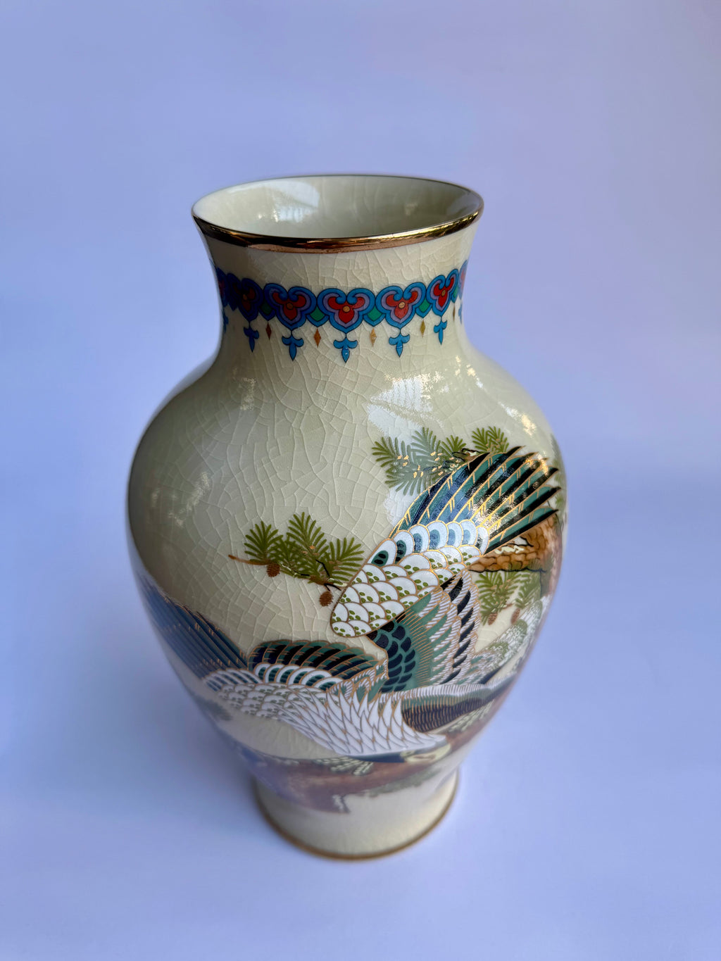 Japanese Satsuma Vase with Eagle & Pine Tree | Hand-Painted Crackle Glaze Art | Vintage Japanese Pottery