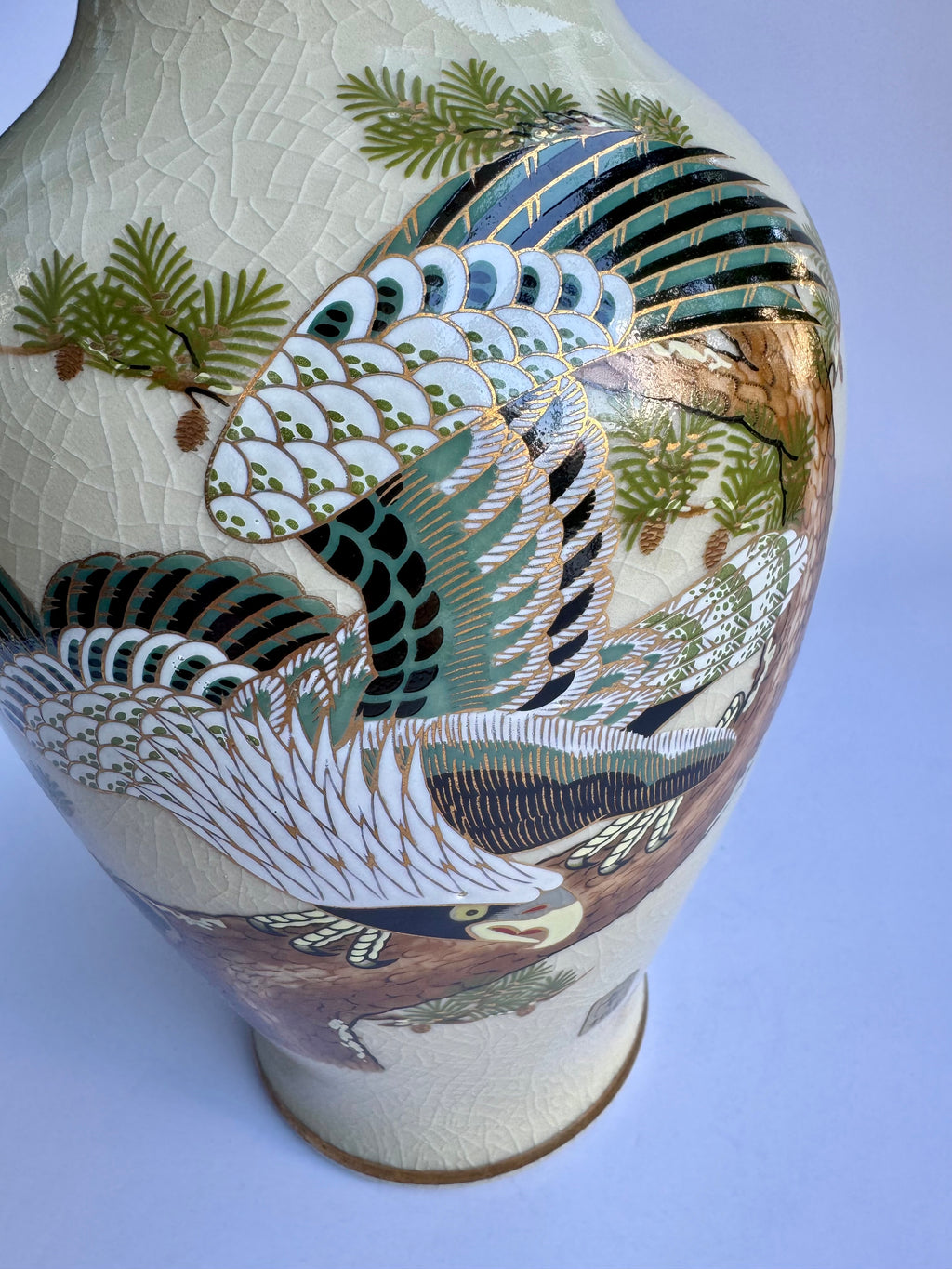 Japanese Satsuma Vase with Eagle & Pine Tree | Hand-Painted Crackle Glaze Art | Vintage Japanese Pottery