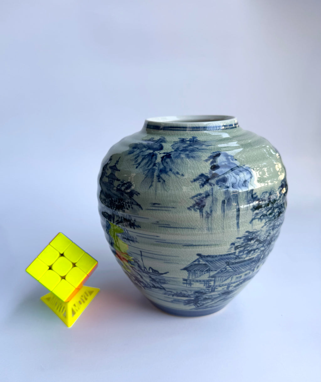 Kutani Blue & White Landscape Vase | Japanese Porcelain Art | Hand-Painted Scenic Kutani Ware