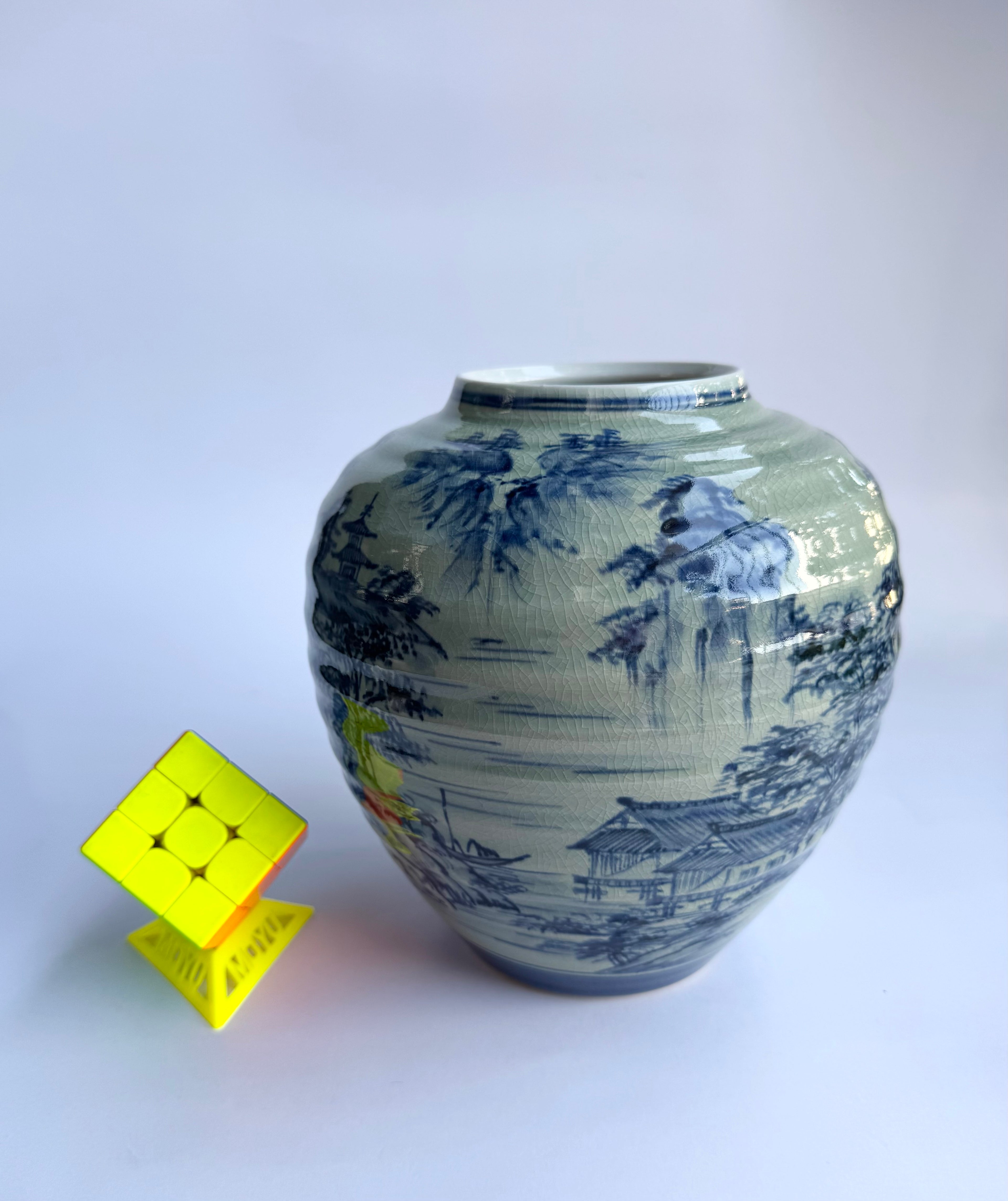 Kutani Blue & White Landscape Vase | Japanese Porcelain Art | Hand-Painted Scenic Kutani Ware