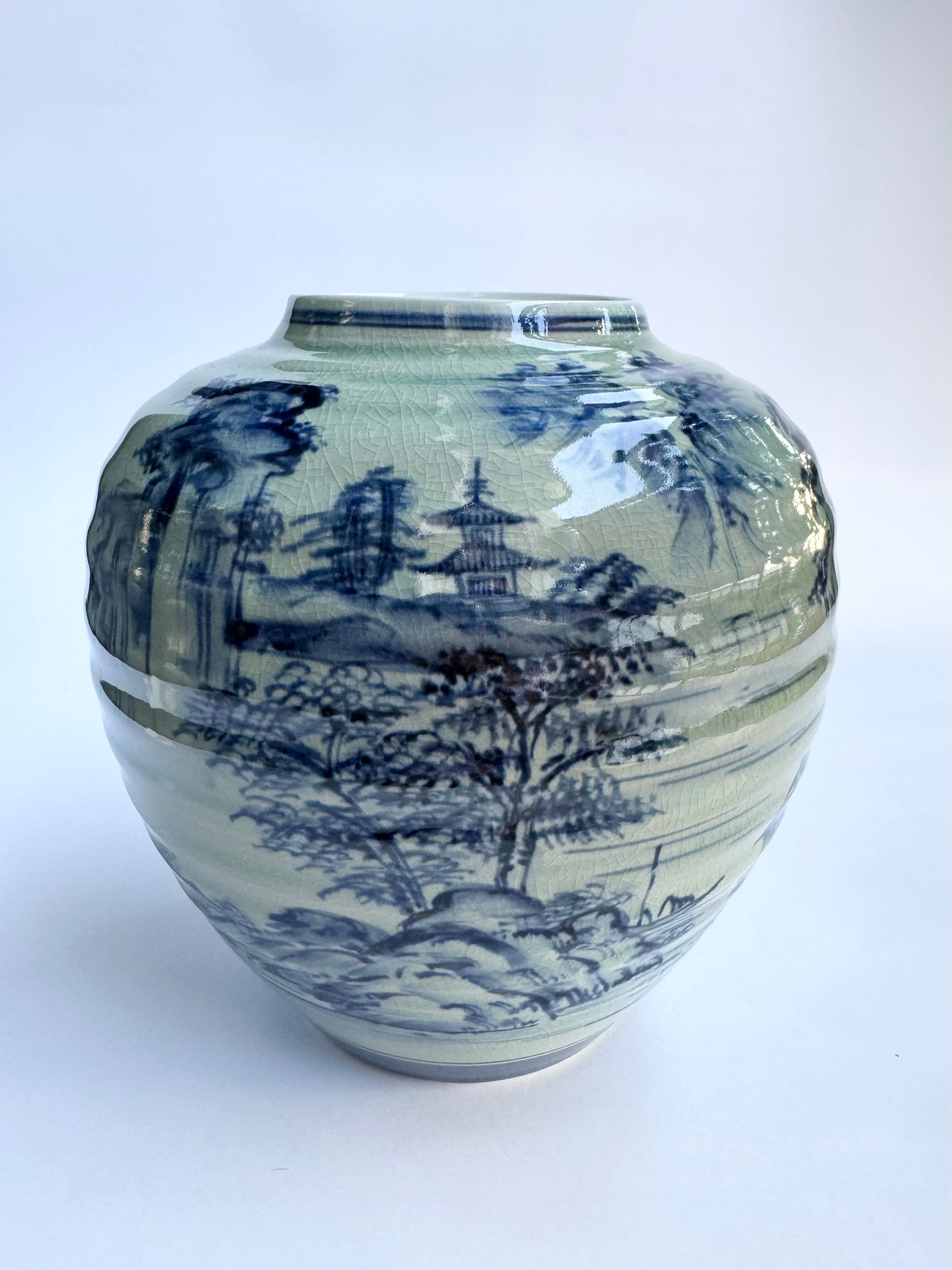 Kutani Blue & White Landscape Vase | Japanese Porcelain Art | Hand-Painted Scenic Kutani Ware