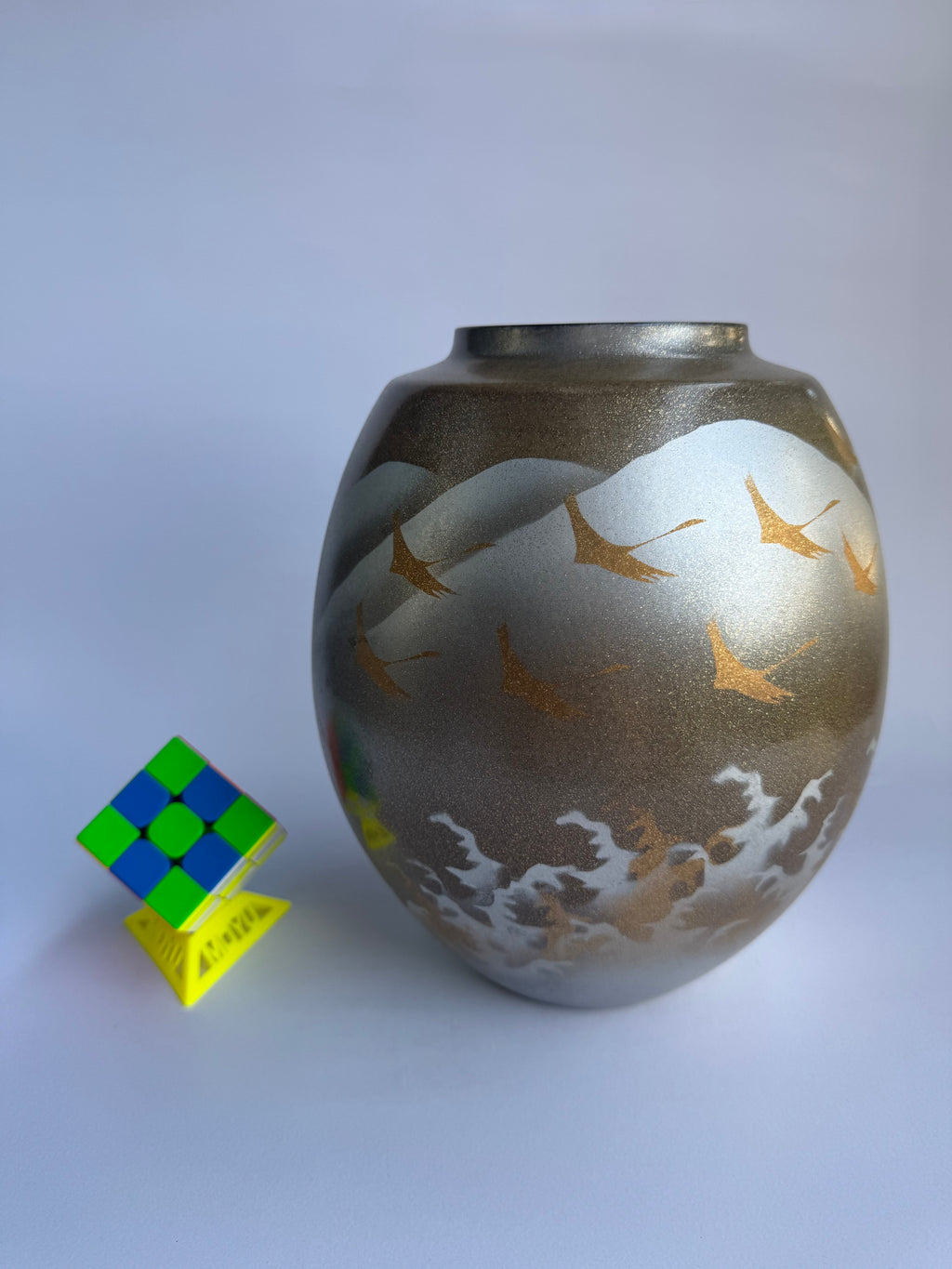 Vintage Kutani Vase with Flying Cranes & Clouds