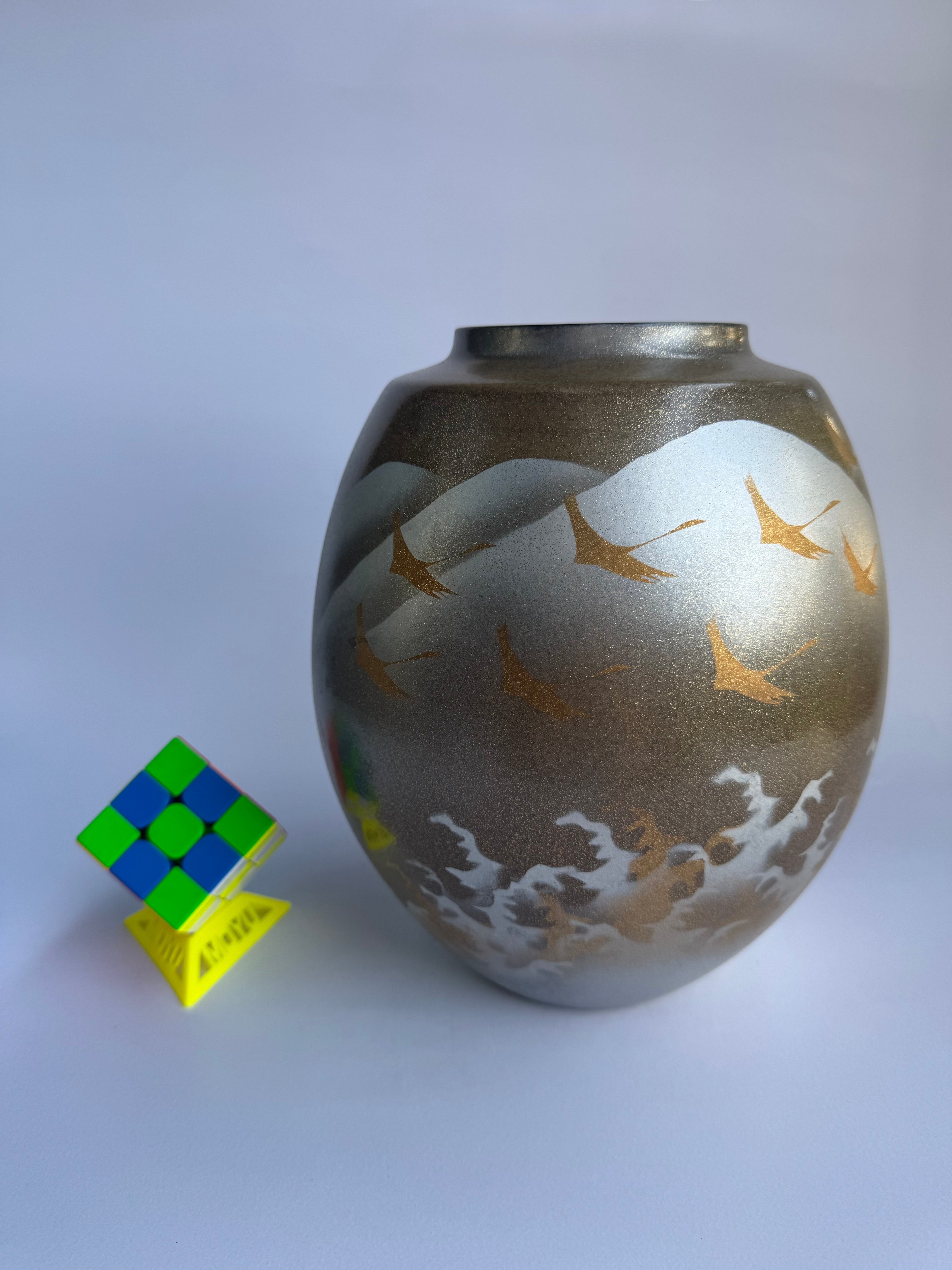 Vintage Kutani Vase with Flying Cranes & Clouds