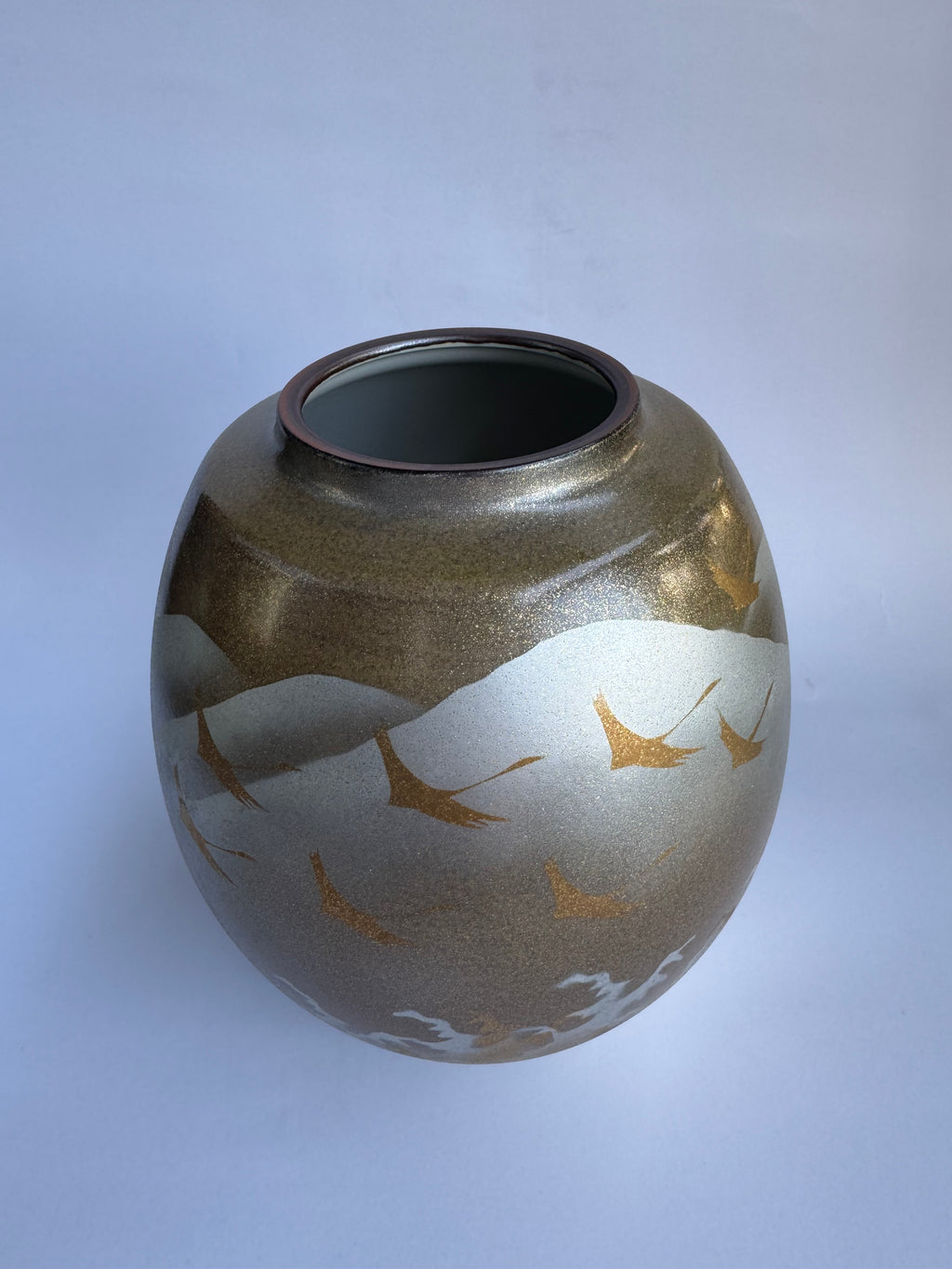 Vintage Kutani Vase with Flying Cranes & Clouds