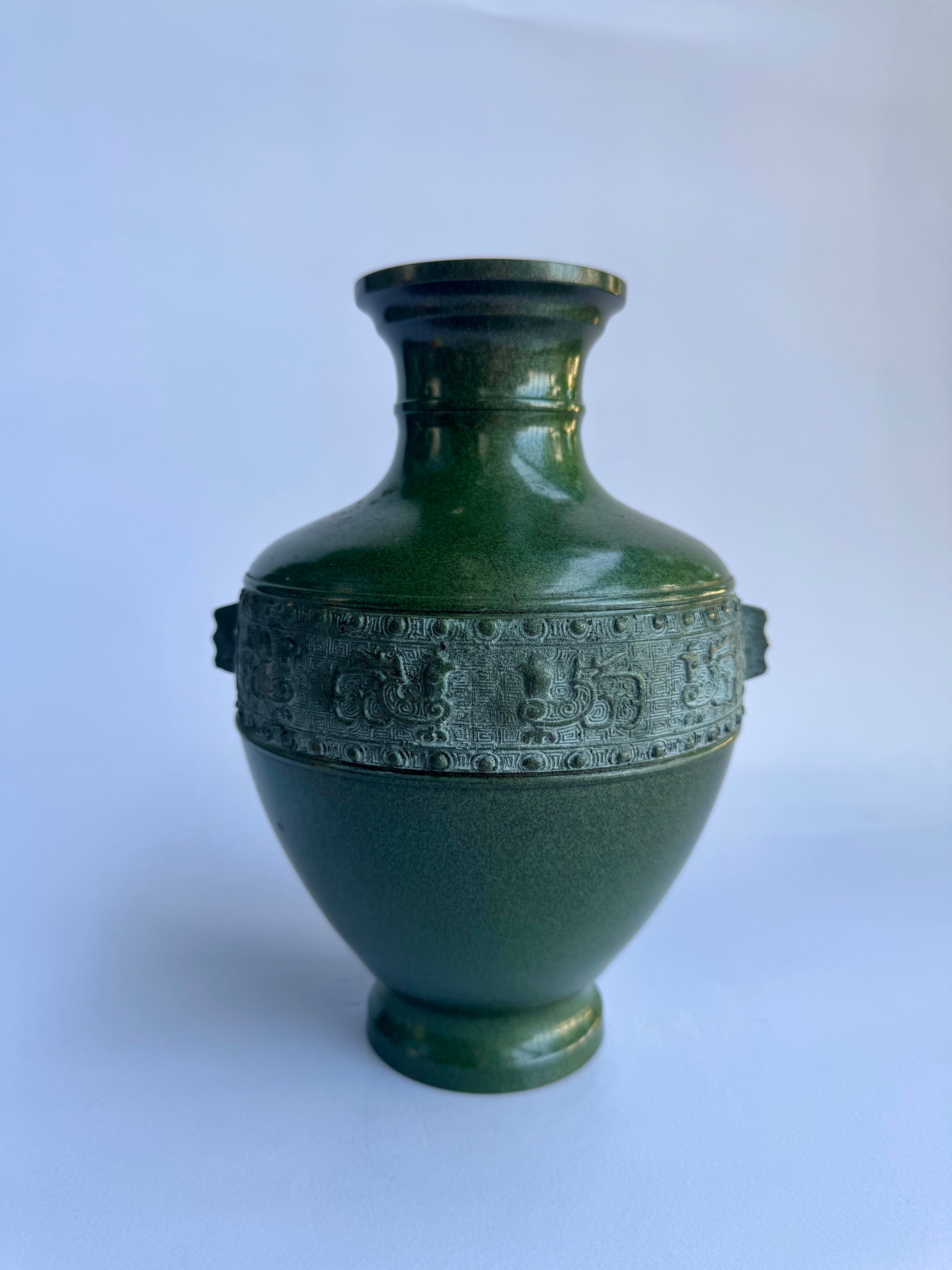 Japanese Green Bronze Vase with Raised Relief Motifs