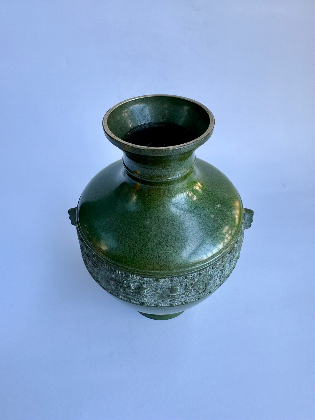 Japanese Green Bronze Vase with Raised Relief Motifs – Classic Traditional Shape – Vintage Japan