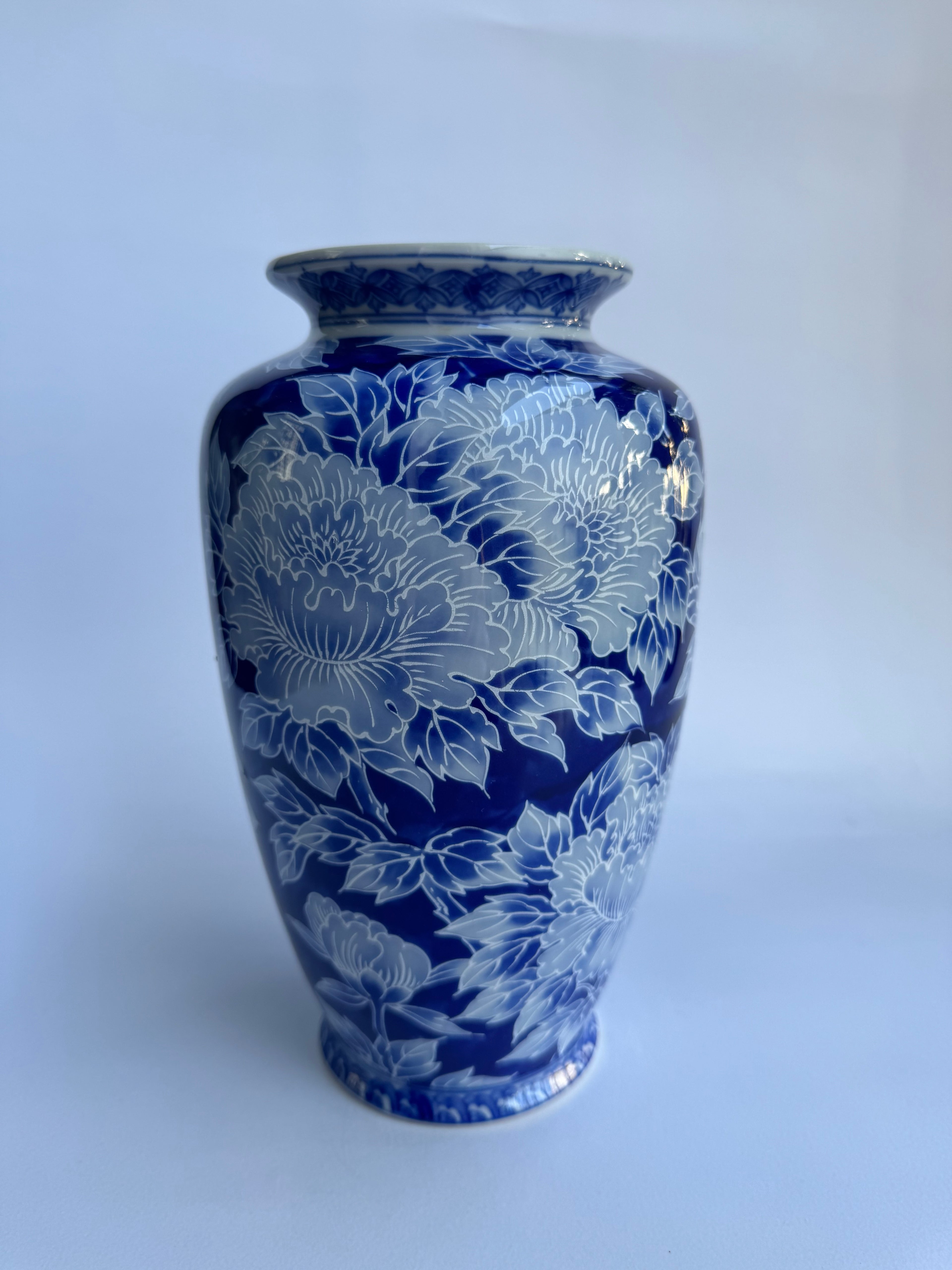 Arita Floral Vase | Blue & White Japanese Porcelain with Full-Body Peony Design