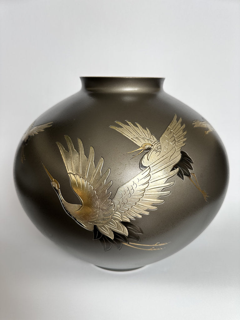 Pair Japanese Bronze Vases | Meiji–Taishō | Flying Cranes Gold Silver Zōgan