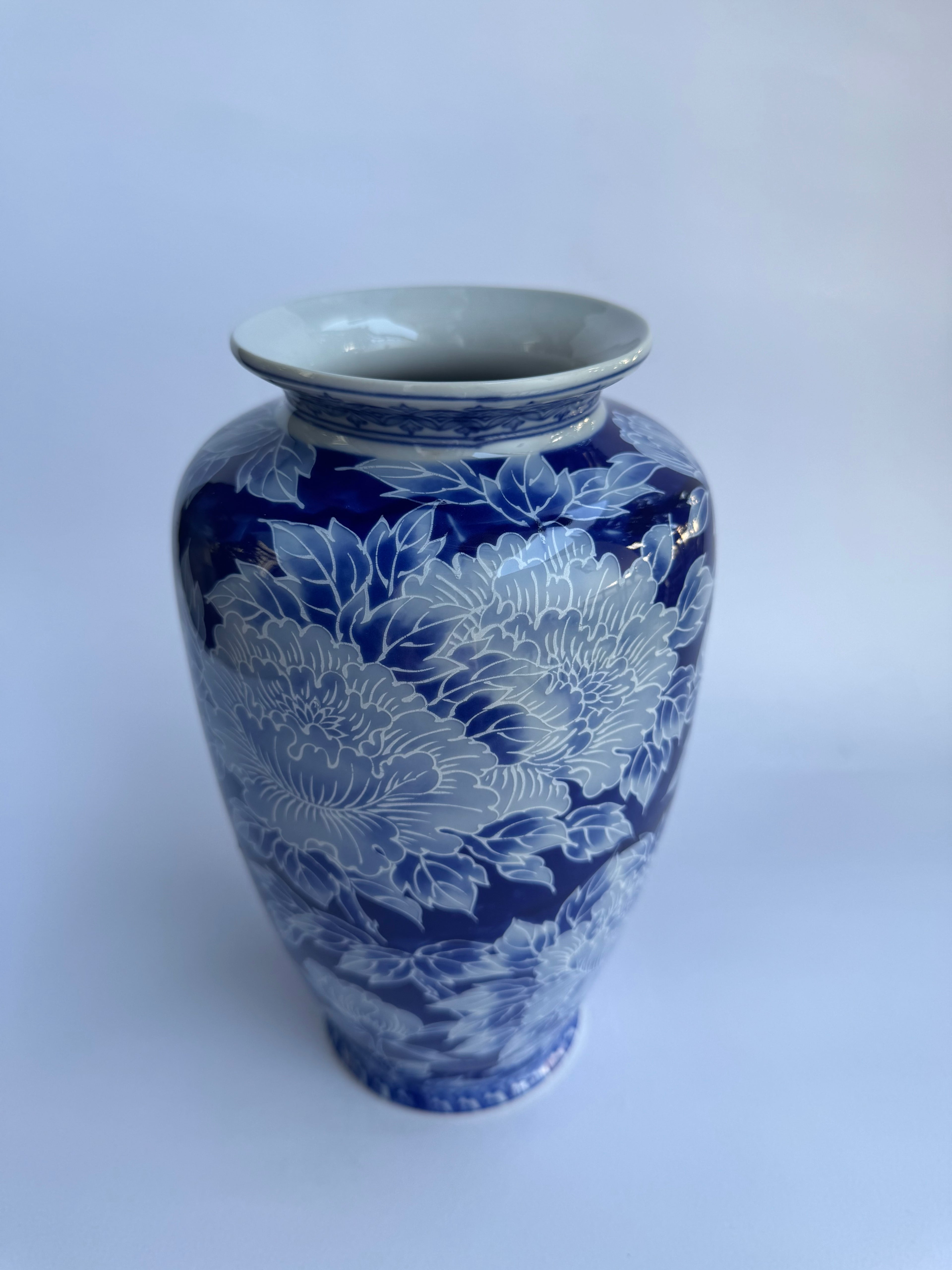 Arita Floral Vase | Blue & White Japanese Porcelain with Full-Body Peony Design
